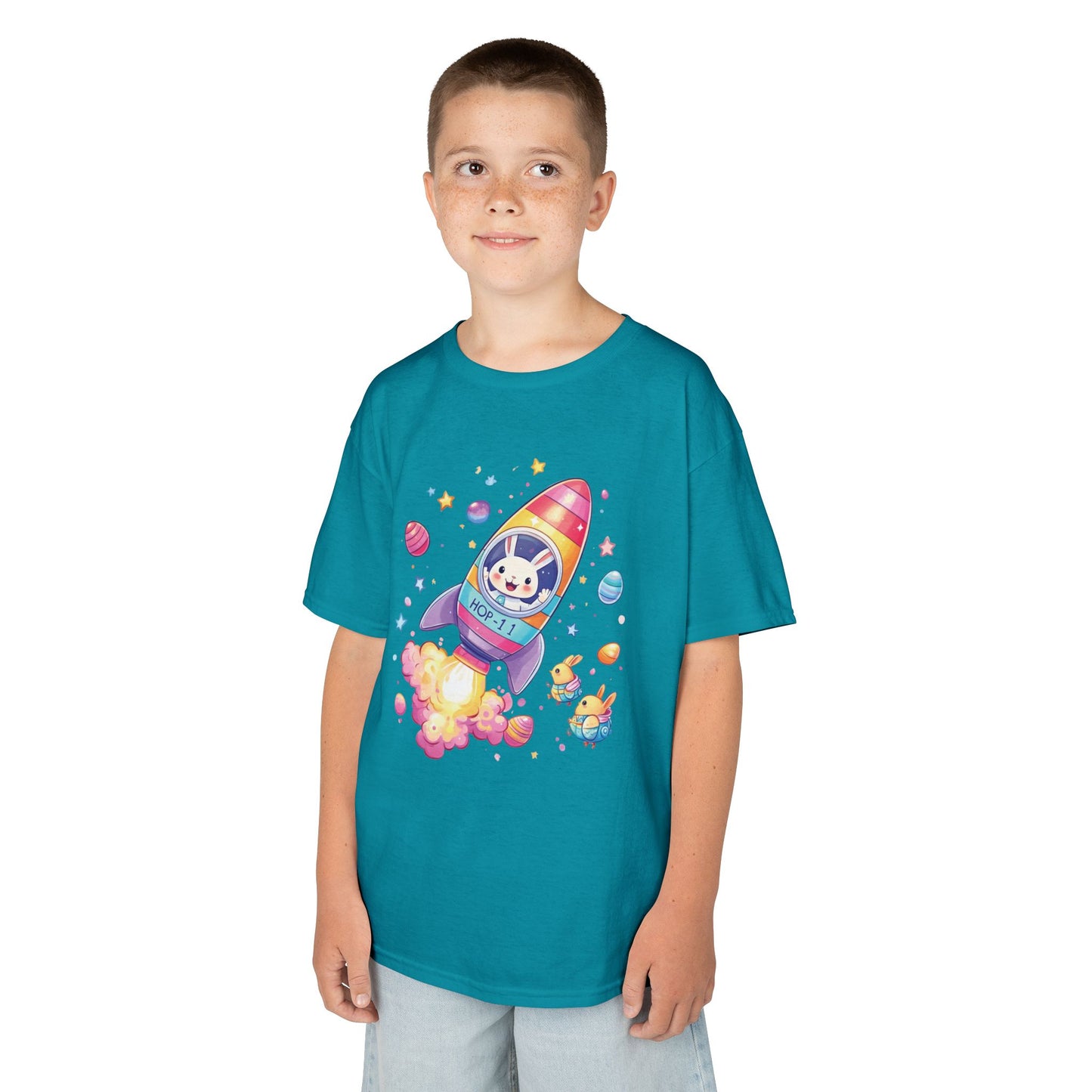 Easter Astronaut Bunny Kids T-Shirt - Cute Space Rocket Bunny with Colorful Eggs, Fun Spring Tee for Boys and Girls, Holiday Gift Idea