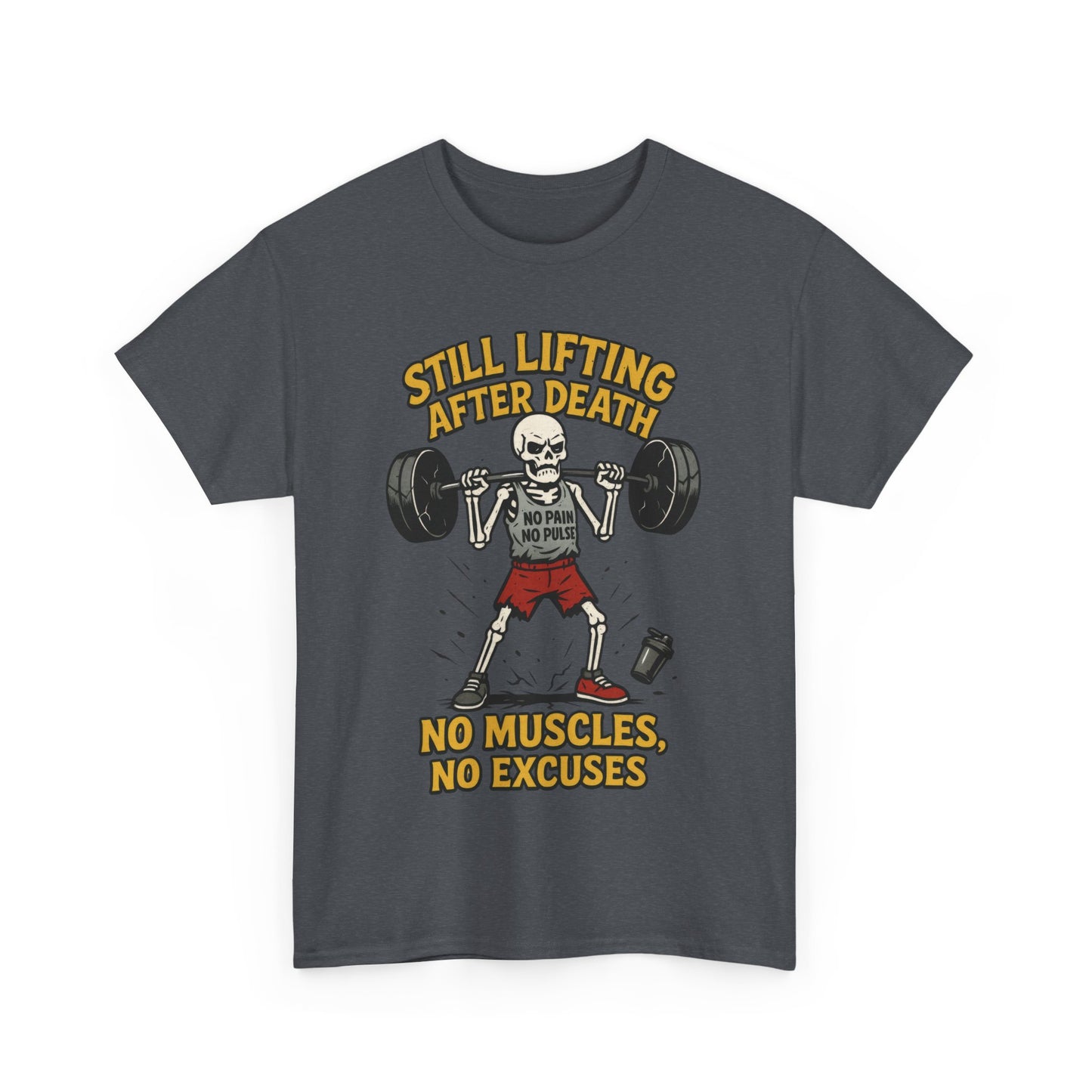 Funny Skeleton Gym T-Shirt, Still Lifting After Death, Funny Workout Shirt for Men, Fitness Gift, Halloween Apparel, Unisex Cotton Tee