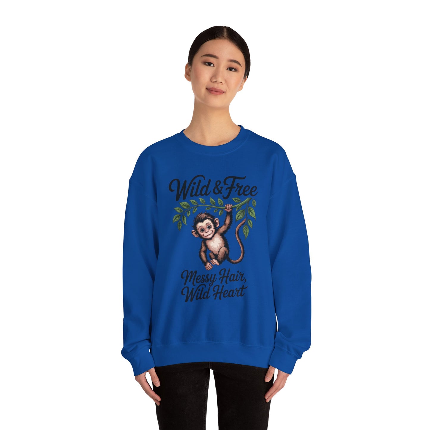 Wild & Free Monkey Sweatshirt, Messy Hair Wild Heart Womens Pullover, Cute Jungle Animal Sweater, Boho Adventure Graphic, Nature Lover Gift