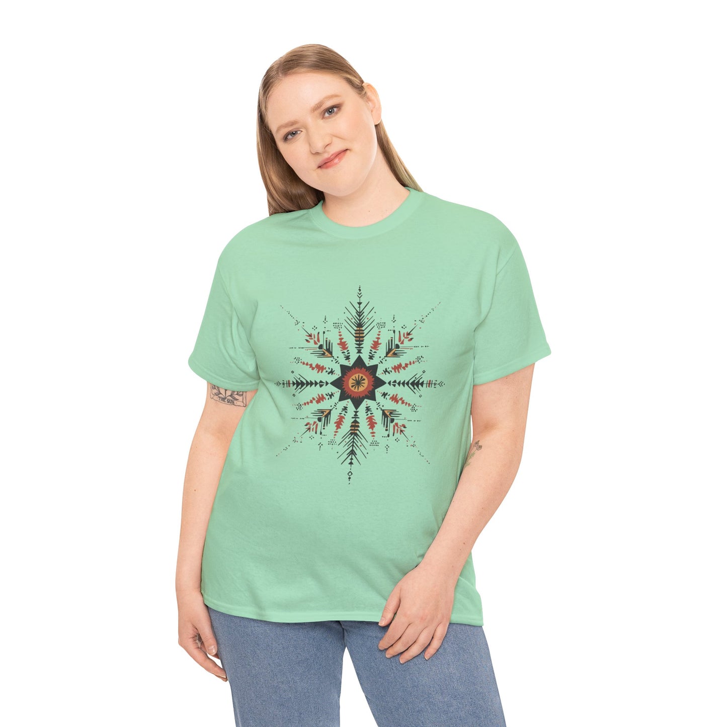 Boho Tribal Mandala Star Women's Cotton Tee, Ethnic Geometric Graphic T-Shirt, Festival Bohemian Style Gift, Bohemian Graphic Tee