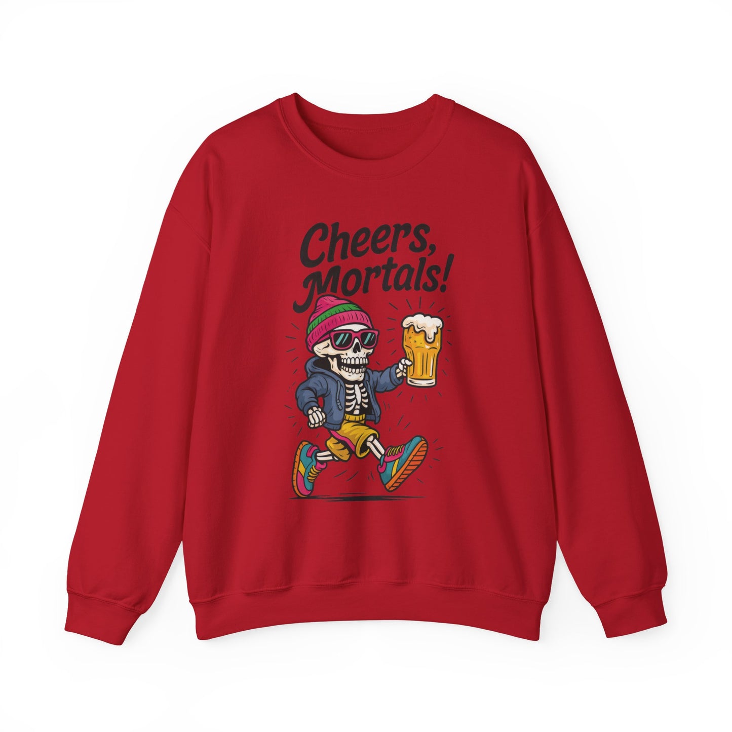 Cheers Mortals! Mens Crewneck Sweatshirt, Skeleton Beer Pullover with Hood, Drinking Humor Sweatshirt, Party Gift for Him, Halloween Apparel