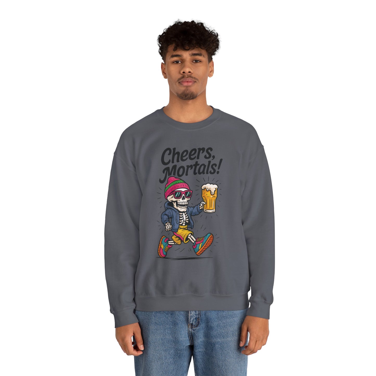 Cheers Mortals! Mens Crewneck Sweatshirt, Skeleton Beer Pullover with Hood, Drinking Humor Sweatshirt, Party Gift for Him, Halloween Apparel