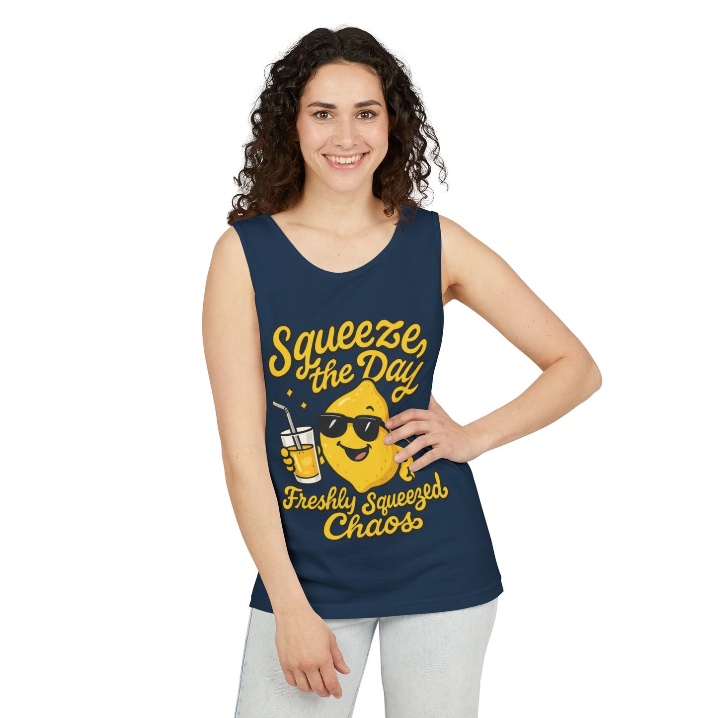 Squeeze The Day Womens Tank Top - Funny Lemon Pun Shirt - Freshly Squeezed Chaos Summer Citrus Top, Casual Beachwear, Fun Summer Apparel