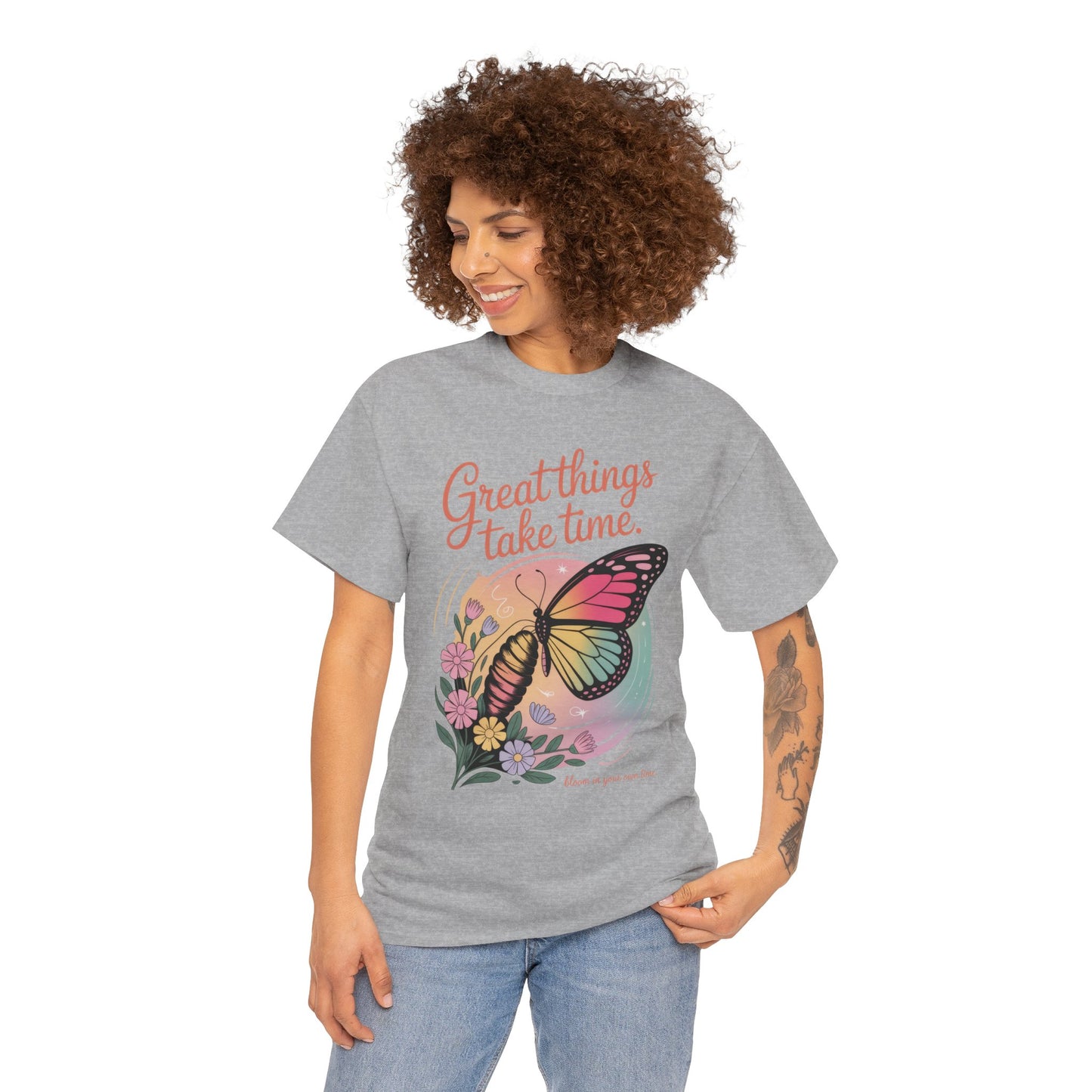 Butterfly Motivational Women's Heavy Cotton Tee, Great Things Take Time Shirt, Gift for Nature Lovers, Inspirational Apparel, Summer Outfit