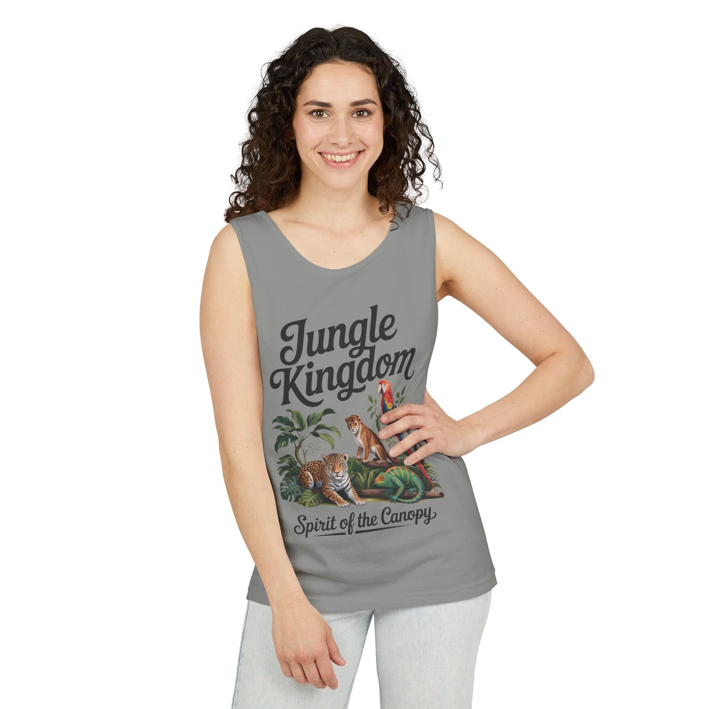 Jungle Kingdom Tank Top, Womens Garment-Dyed Sleeveless Shirt, Spirit of the Canopy Tee, Summer Outfit, Eco-Friendly Casual Wear
