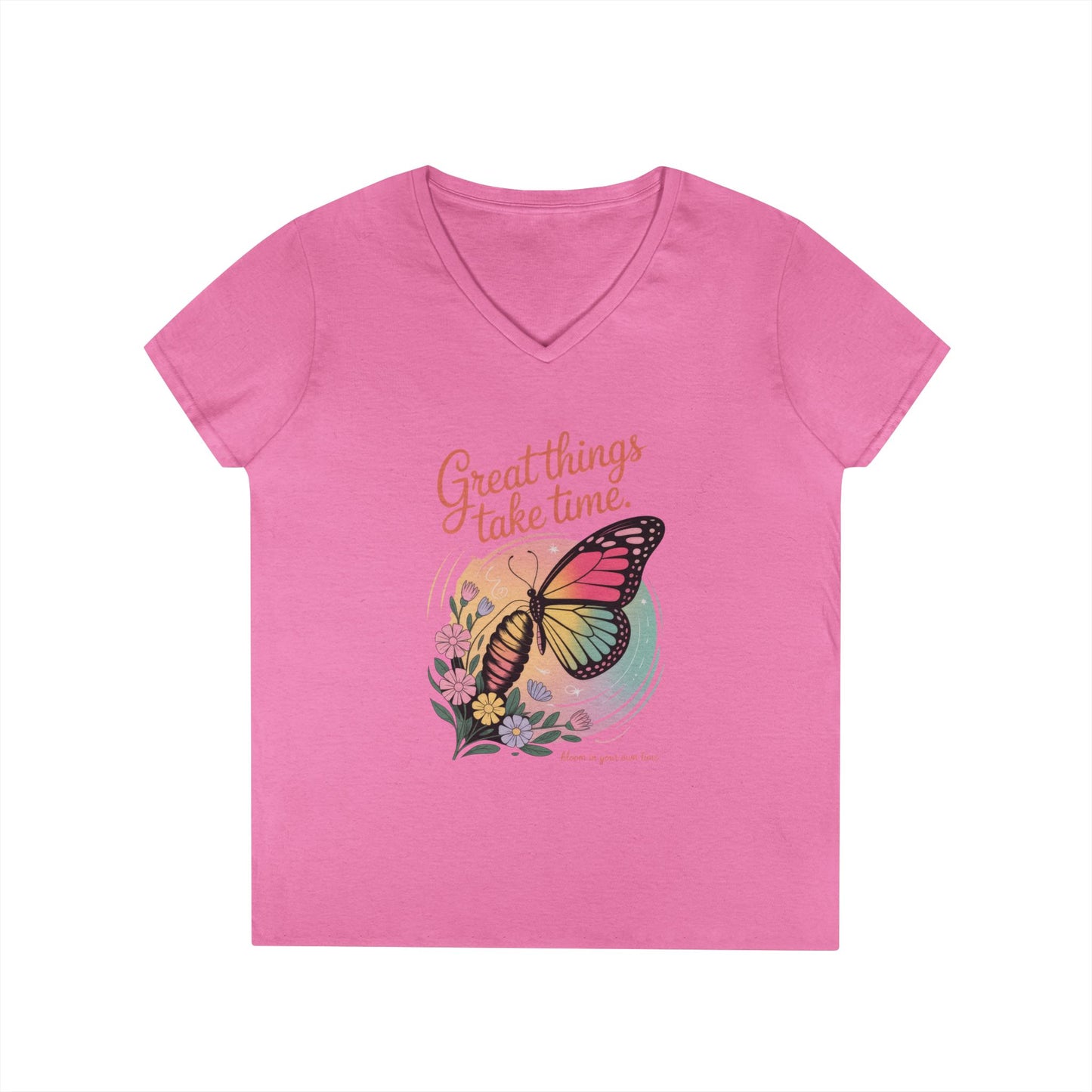 Inspiring Ladies' V-Neck T-Shirt, Great Things Take Time Butterfly Design, Relaxation, Motivation, Nature, Motivational Women's Tee
