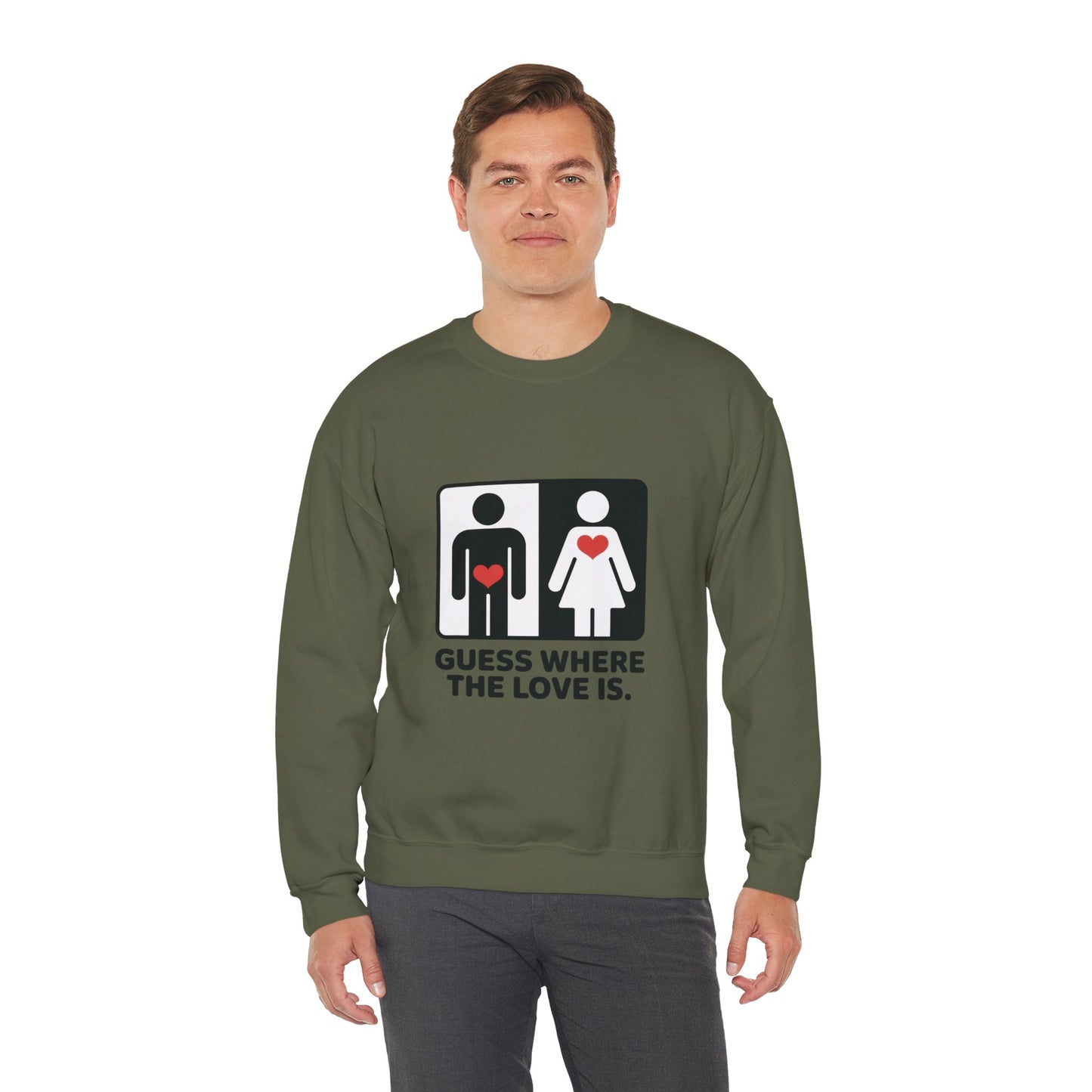 Guess Where the Love Is Mens Crewneck Sweatshirt, Cute Couples Gift, Love Themed Apparel, Valentine's Day Apparel, Relationship Sweatshirt