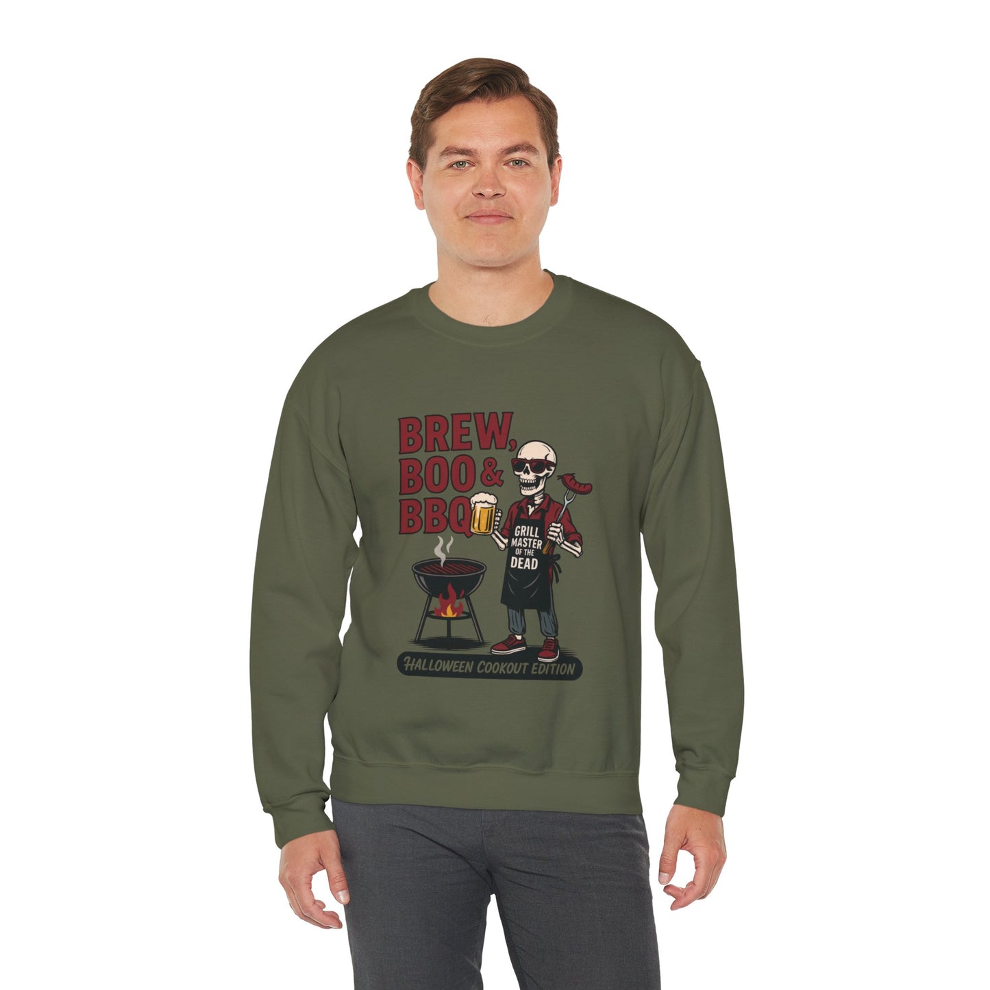 Halloween BBQ Men's Sweatshirt, Brew Boo & BBQ Skeleton Grill Master, Spooky Dad Gift, Skeleton Dad Sweat, Grill Master Crew
