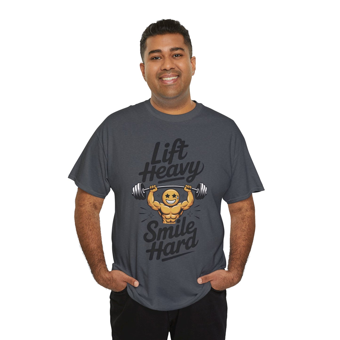 Mens Lift Heavy Smile Hard T-Shirt, Funny Gym Workout Graphic Tee, Mens Gym Tshirt