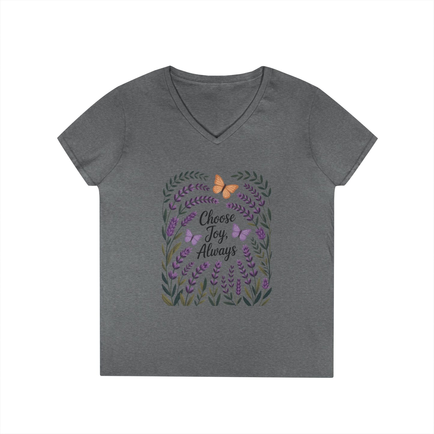 Ladies' V-Neck T-Shirt, Choose Joy Always, Positive Affirmation Tee, Floral Graphic Shirt, Inspirational V-Neck, Lavender Printed Tee