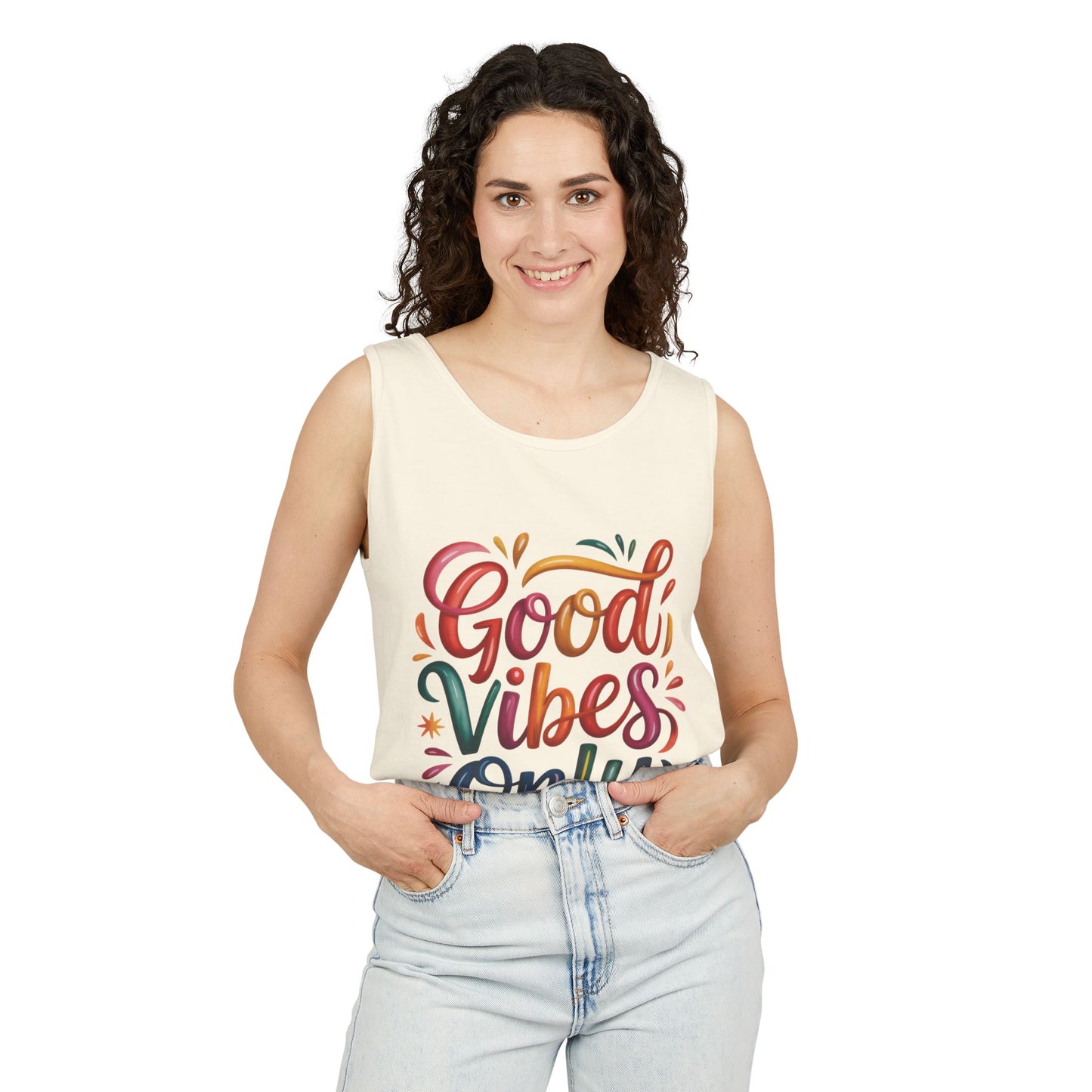 Good Vibes Only Unisex Garment-Dyed Tank Top, Summer Casual Wear, Festival Outfit, Beach Day Tee, Gift for Friends, Positive Vibes Apparel