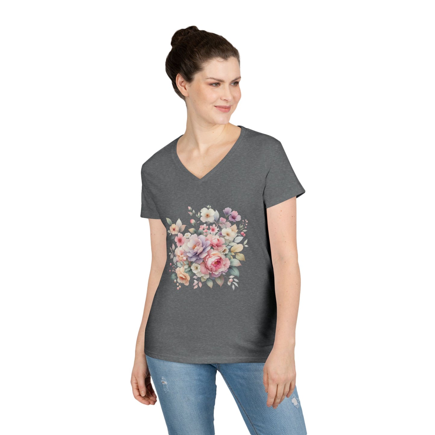 Pastel Floral Bouquet Ladies' V-Neck T-Shirt, Romantic Soft Vintage Flower Tee, Spring Fashion, Gift for Her, Everyday Wear
