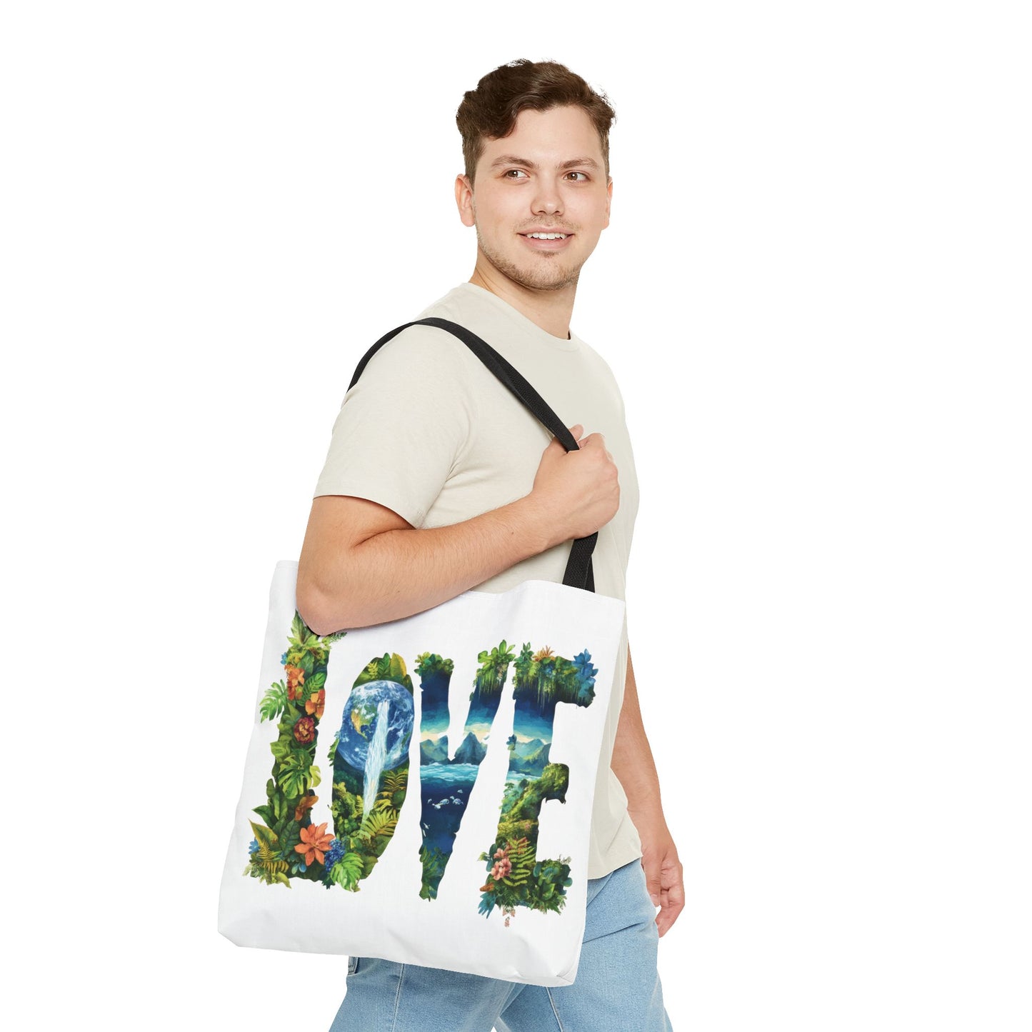 Earth Day LOVE Tote Bag, Eco Friendly Nature Art Bag, Sustainable Planet Message, Floral Tote, Shopping Bag, Beach Bag, Large Canvas Bag