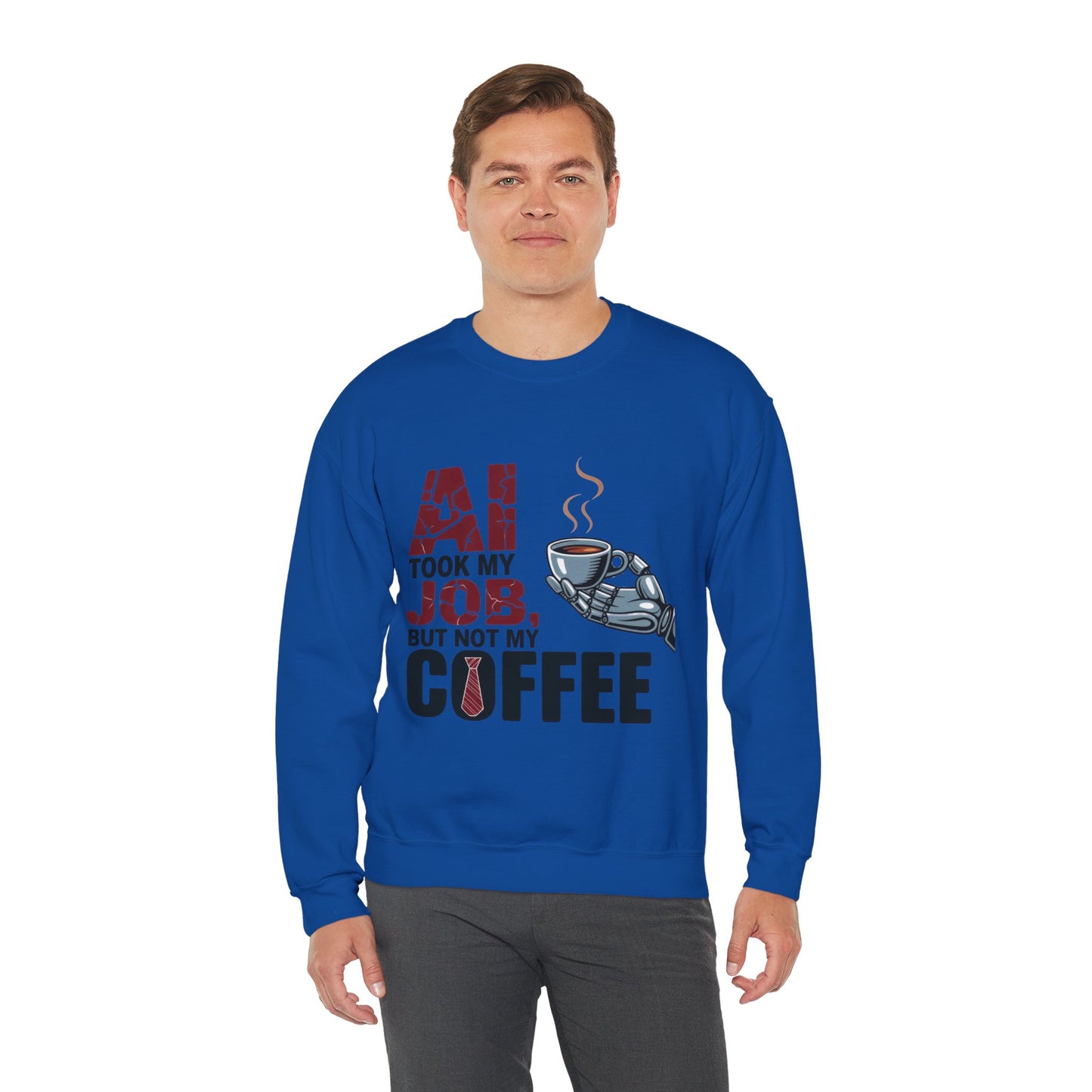 Men's AI Coffee Sweatshirt, Funny Robot Humor Pullover, Geek Sarcastic Job Joke Top, Men's Heavy Blend™ Crewneck Sweatshirt, Office Humor