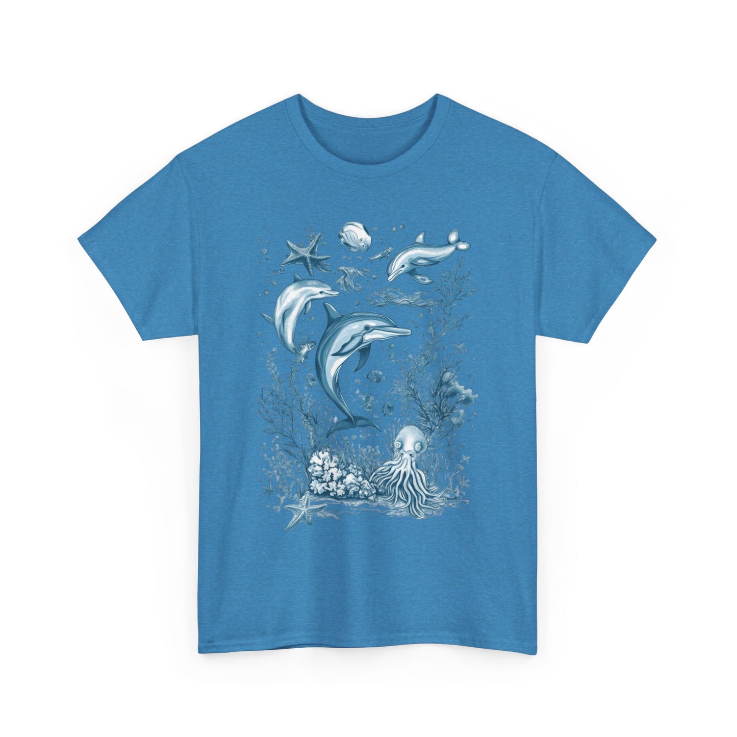 Ocean Life Dolphin T-Shirt, Women's Cotton Tee with Underwater Sea Creatures, Marine Nature Gift Shirt, Perfect for Beach Lovers