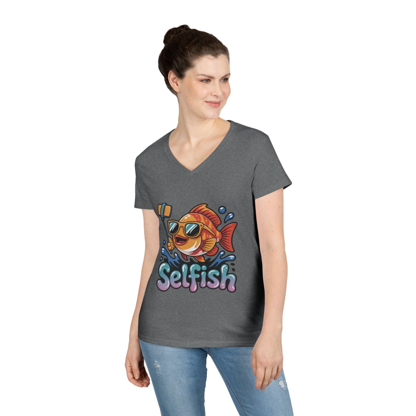 Ladies' V-Neck T-Shirt, Funny Selfie Fish Graphic Womens Tee, Playful Pun Gift for Her, Summer Vibes, Unique Beach Shirt, Outdoor Adventures