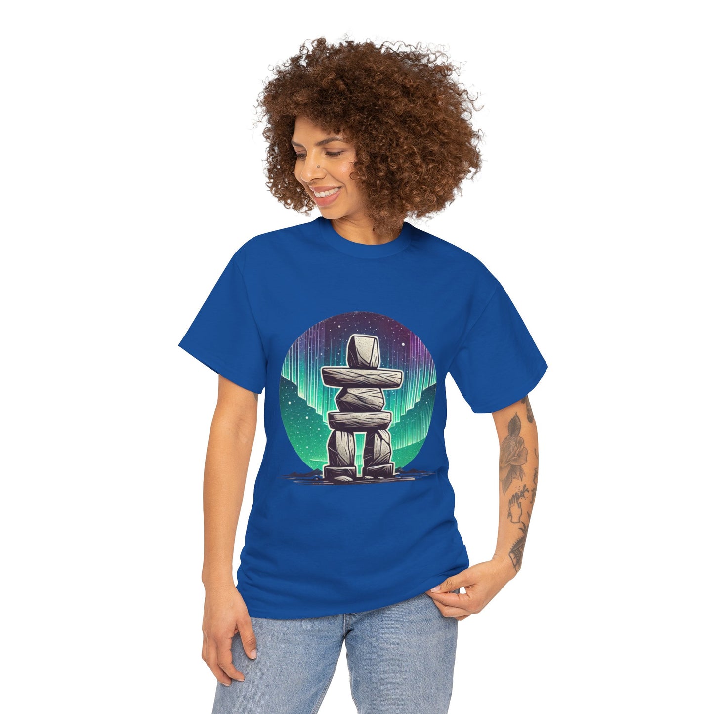 Aurora Stone Inukshuk Tee, Northern Lights Inukshuk T-Shirt, Arctic Stone Stack Aurora Graphic Tee, Canada Inuit Symbol Shirt