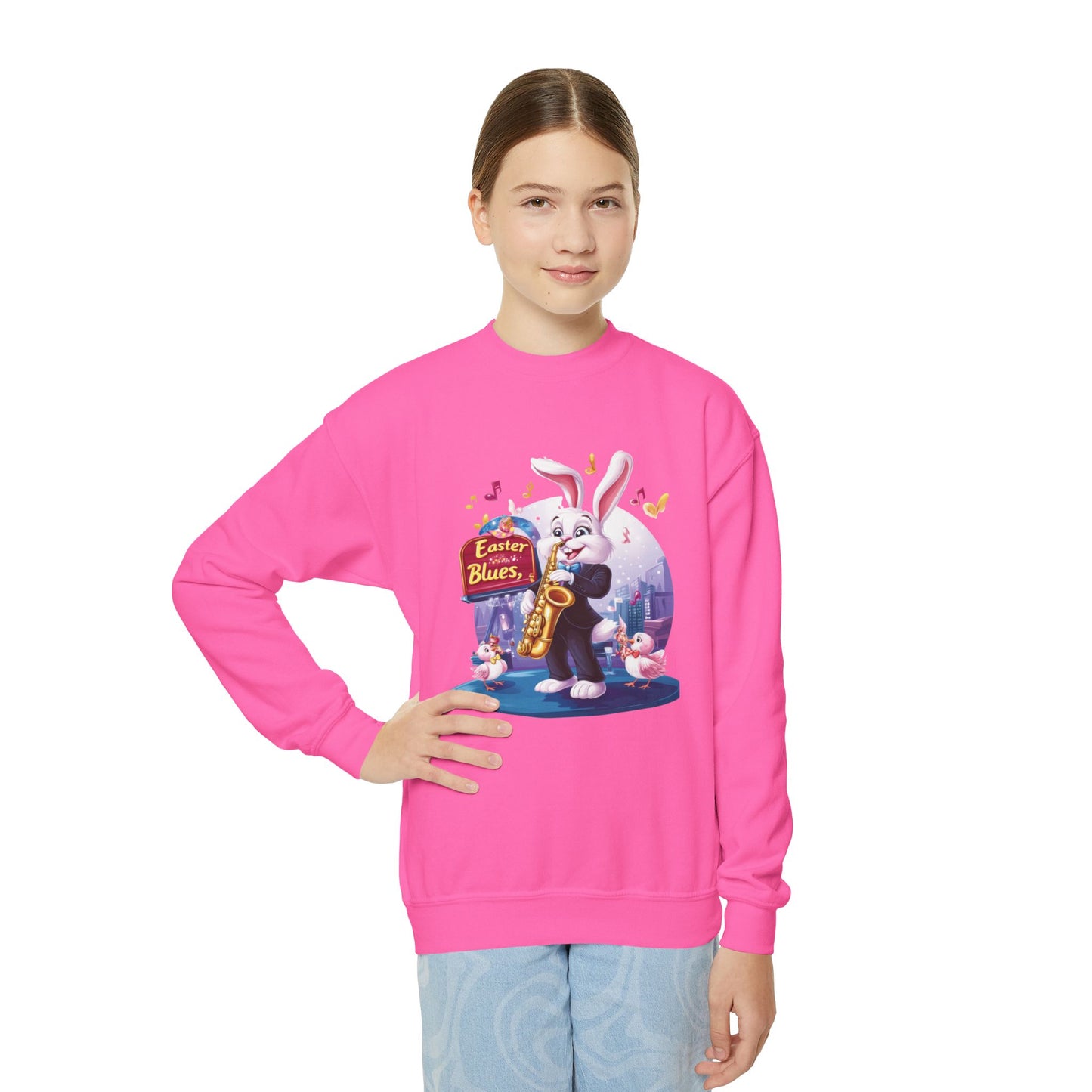 Jazz Bunny Easter Kids Sweatshirt - Cute Saxophone Playing Bunny Design, Fun Spring Crewneck, Holiday Gift for Boys and Girls