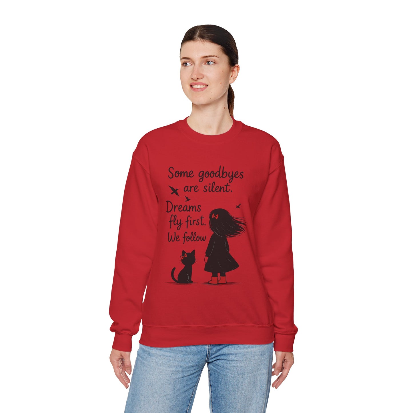 Cozy Farewell Girl & Cat Pullover, Hand Drawn Red Dress Art, Minimalist Womens Crewneck