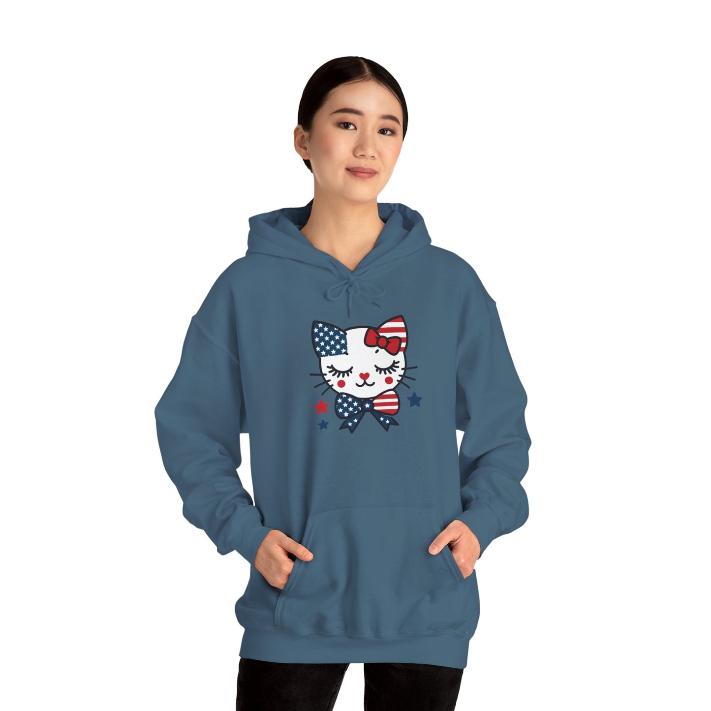 Cute Cat Patriot Women's Hoodie, Women's Heavy Blend Sweatshirt, Gift for Cat Lovers, 4th of July Apparel, Perfect for Independence Day