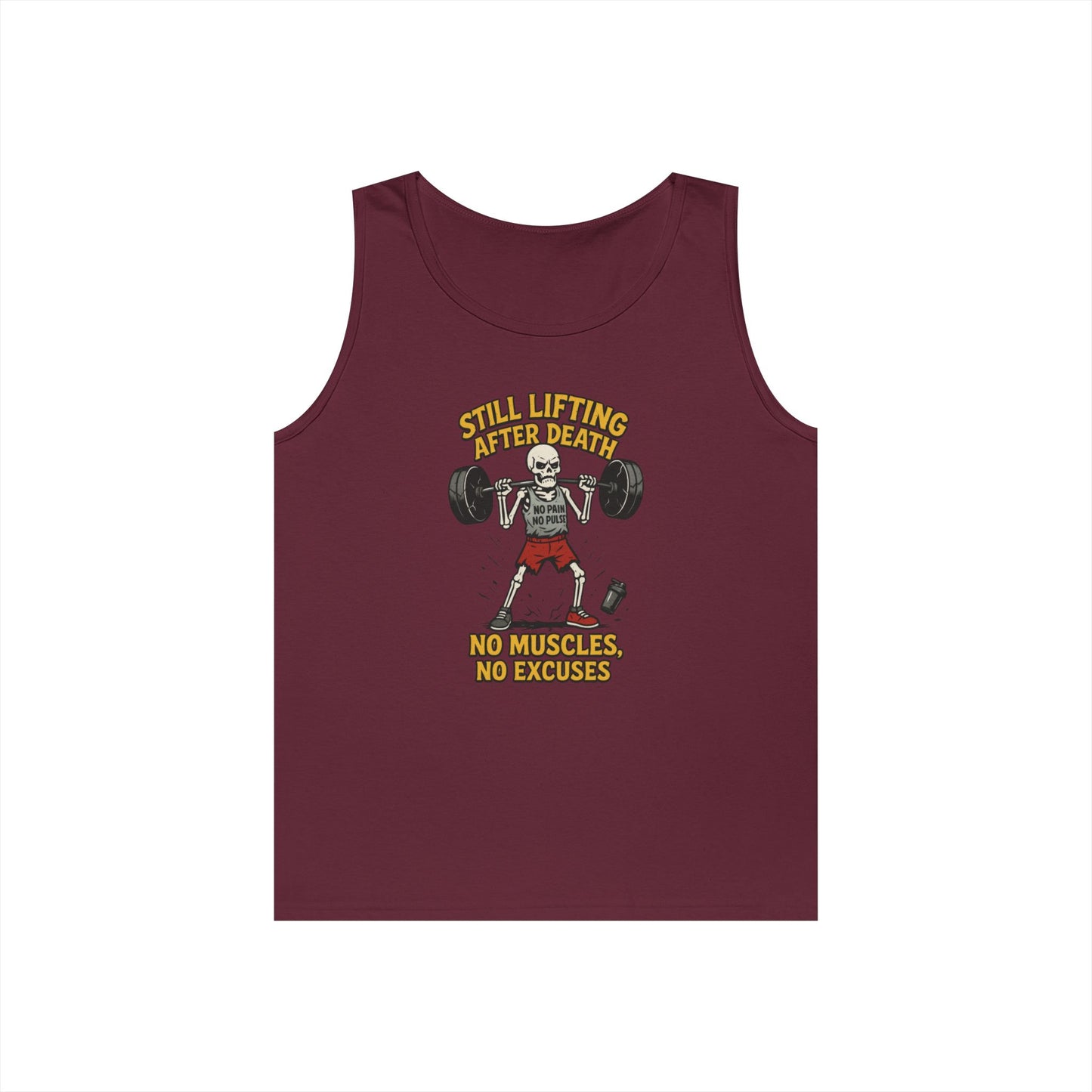 Funny Skeleton Gym Tank Top, Still Lifting After Death, Funny Workout Tee for Men, Fitness Gift, Halloween Apparel, Unisex Cotton Tank Top