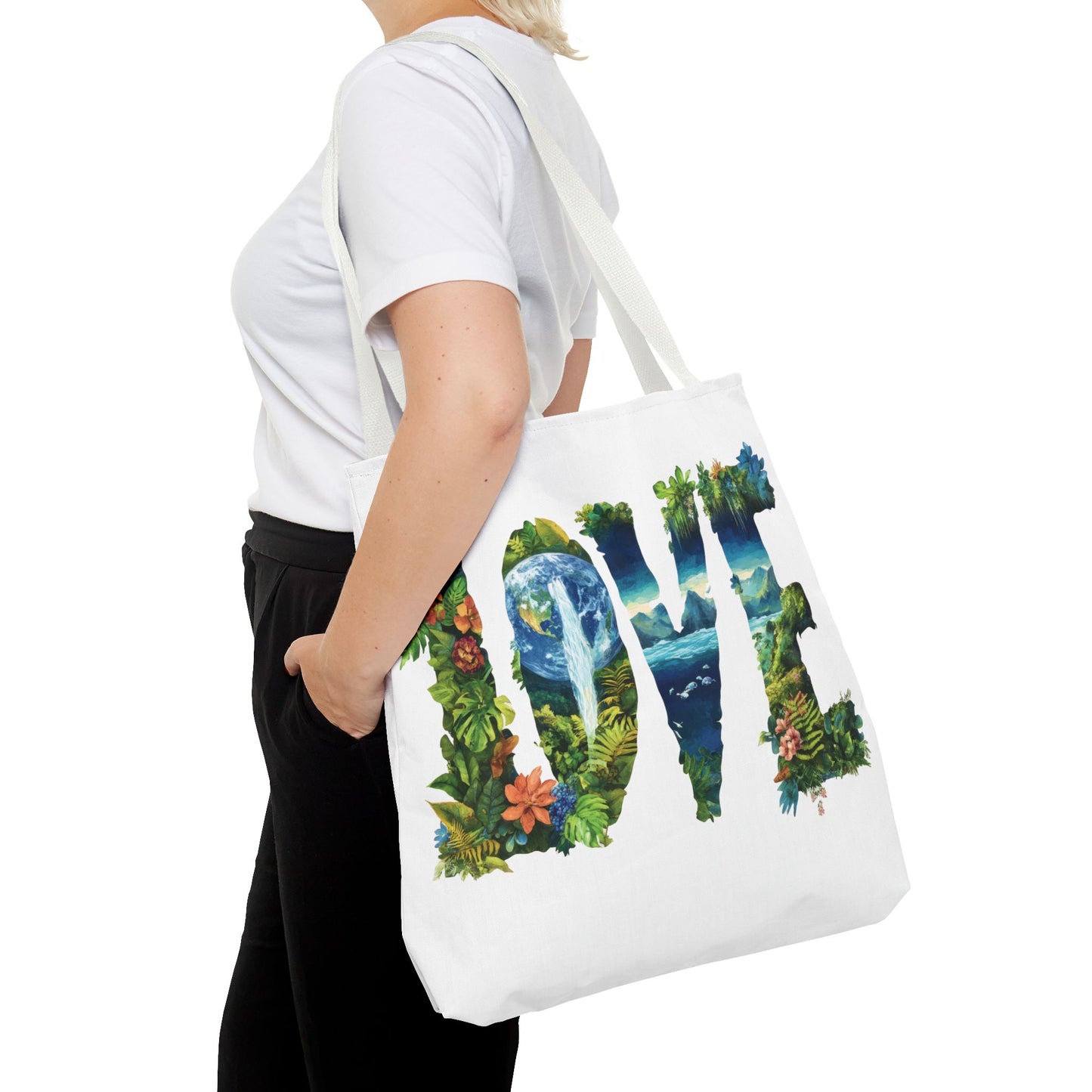 Earth Day LOVE Tote Bag, Eco Friendly Nature Art Bag, Sustainable Planet Message, Floral Tote, Shopping Bag, Beach Bag, Large Canvas Bag