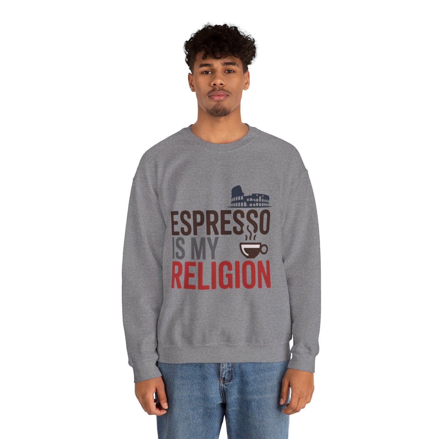Mens Heavy Blend™ Crewneck Sweatshirt, Espresso Is My Religion Coffee Rome Mens Sweatshirt, Barista Gift, Coffee Lover Gift