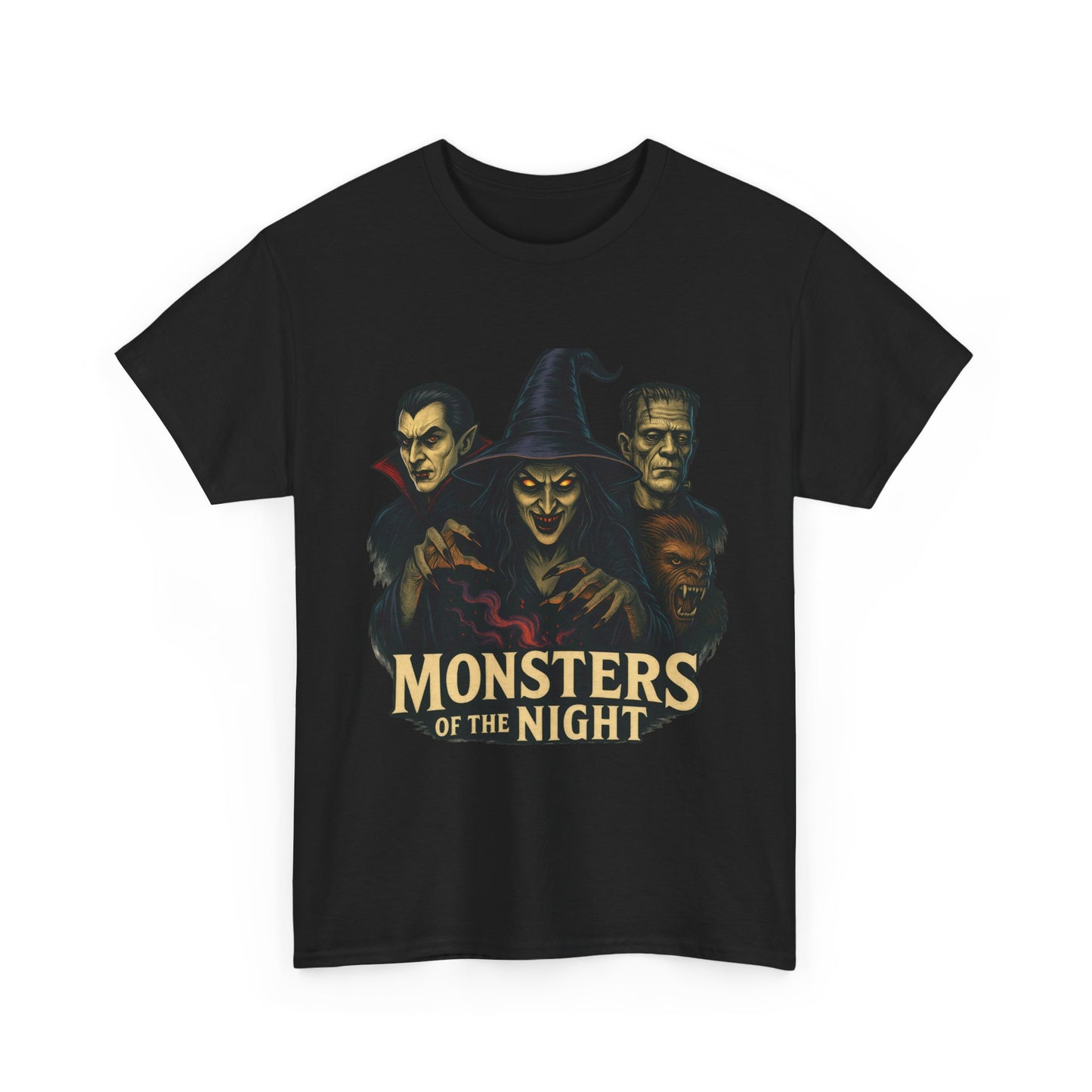 Monsters of the Night Women's T-Shirt, Classic Horror Witch, Vampire, Frankenstein Halloween Tee