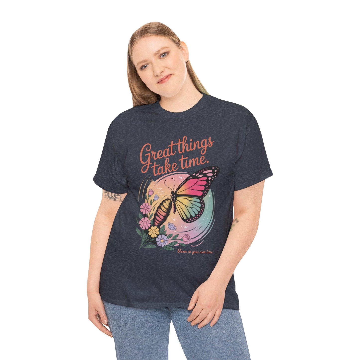 Butterfly Motivational Women's Heavy Cotton Tee, Great Things Take Time Shirt, Gift for Nature Lovers, Inspirational Apparel, Summer Outfit