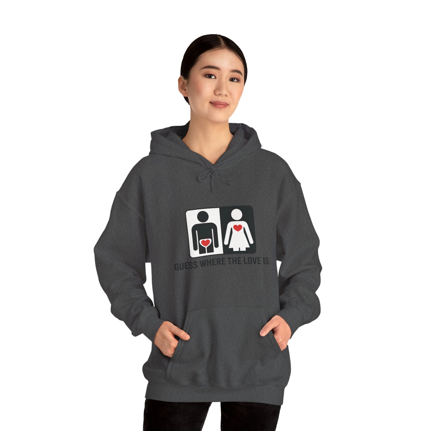 Cute Guess Where The Love Is Mens Hoodie, Sweatshirt for Couples, Valentines Day Gift, Relationship Humor Hoodie, Bold Love Joke Hoodie