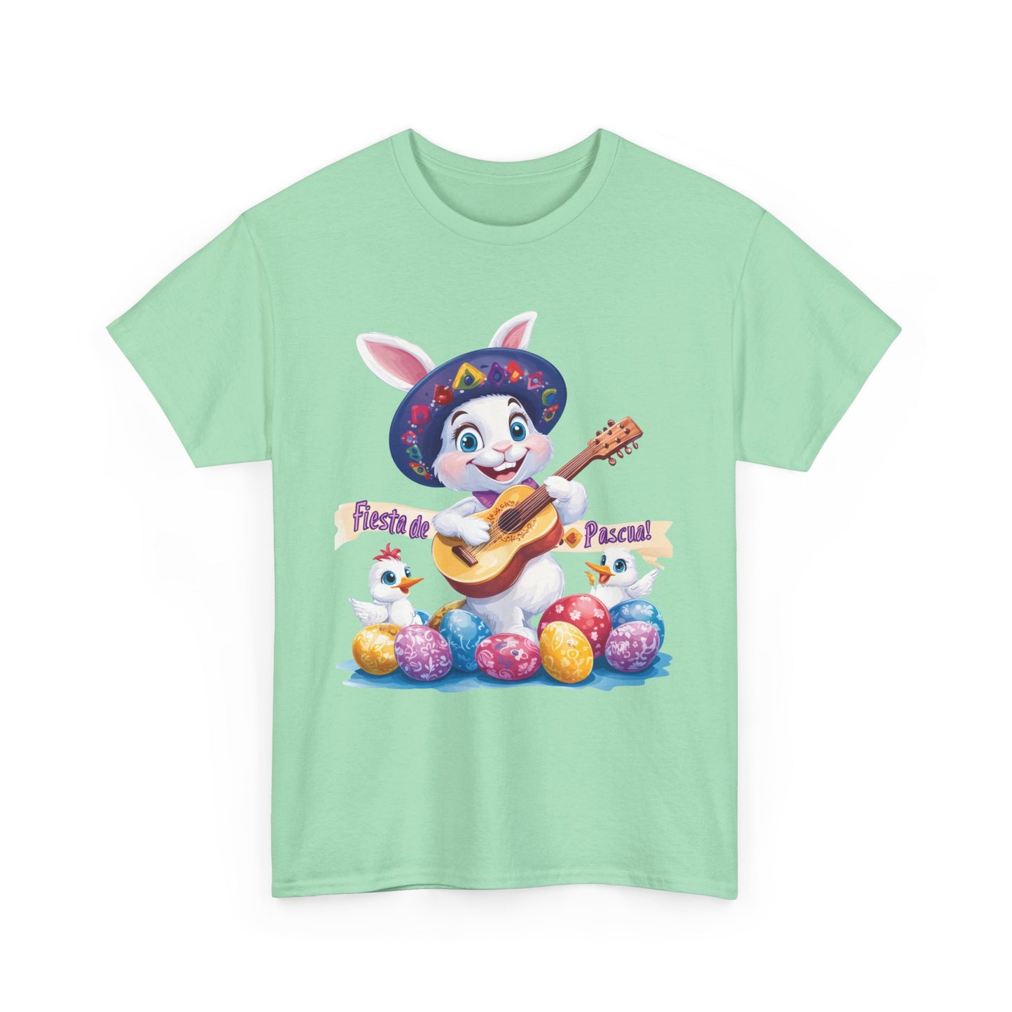 Fiesta de Pascua Bunny Shirt, Funny Easter Rabbit Playing Guitar Tee, Colorful Unisex Heavy Cotton T-Shirt, Cute Holiday Celebration Gift