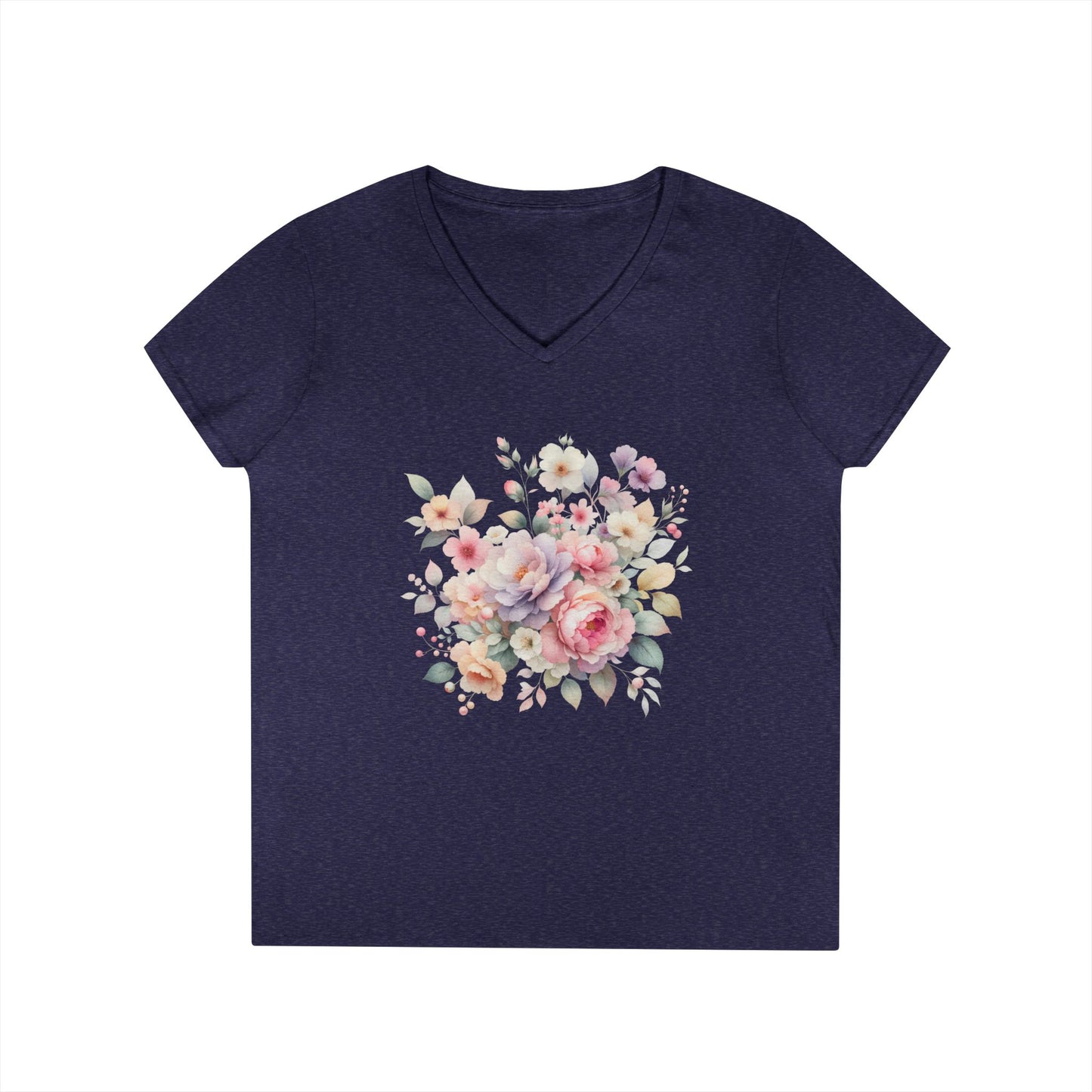 Pastel Floral Bouquet Ladies' V-Neck T-Shirt, Romantic Soft Vintage Flower Tee, Spring Fashion, Gift for Her, Everyday Wear