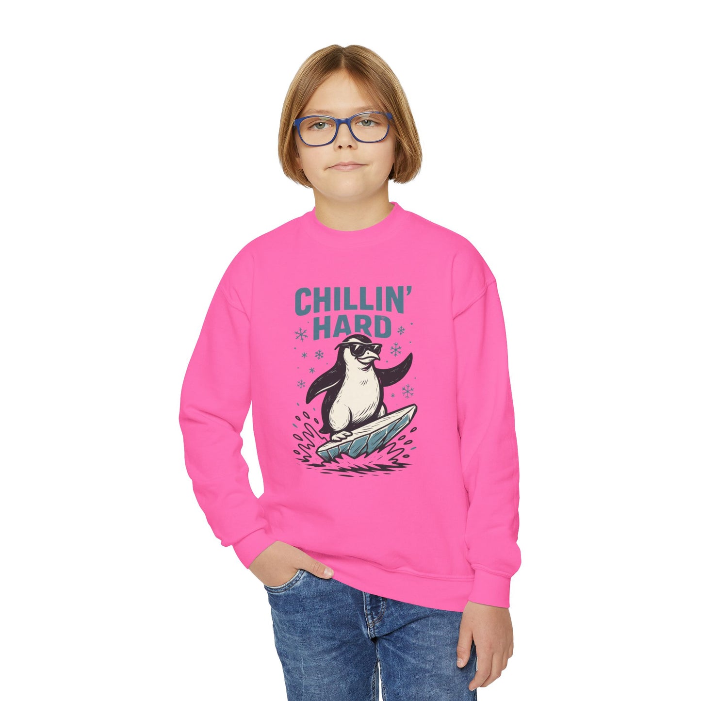 Youth Crewneck Sweatshirt, Kids Chillin Hard Penguin Sweatshirt, Funny Cool Animal Pullover for Children