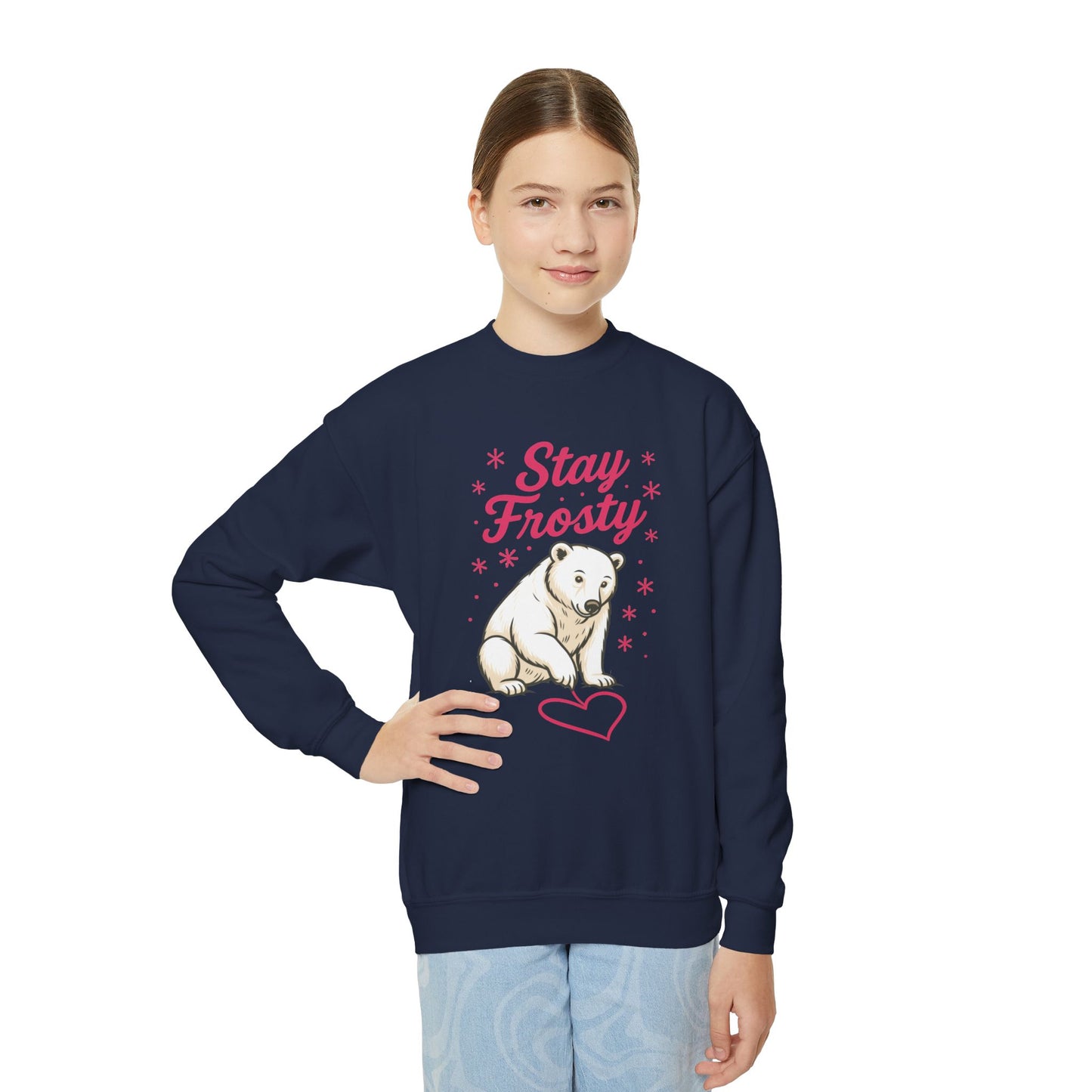 Youth Crewneck Sweatshirt, Kids Stay Frosty Polar Bear Sweatshirt, Cute Winter Animal Pullover for Children
