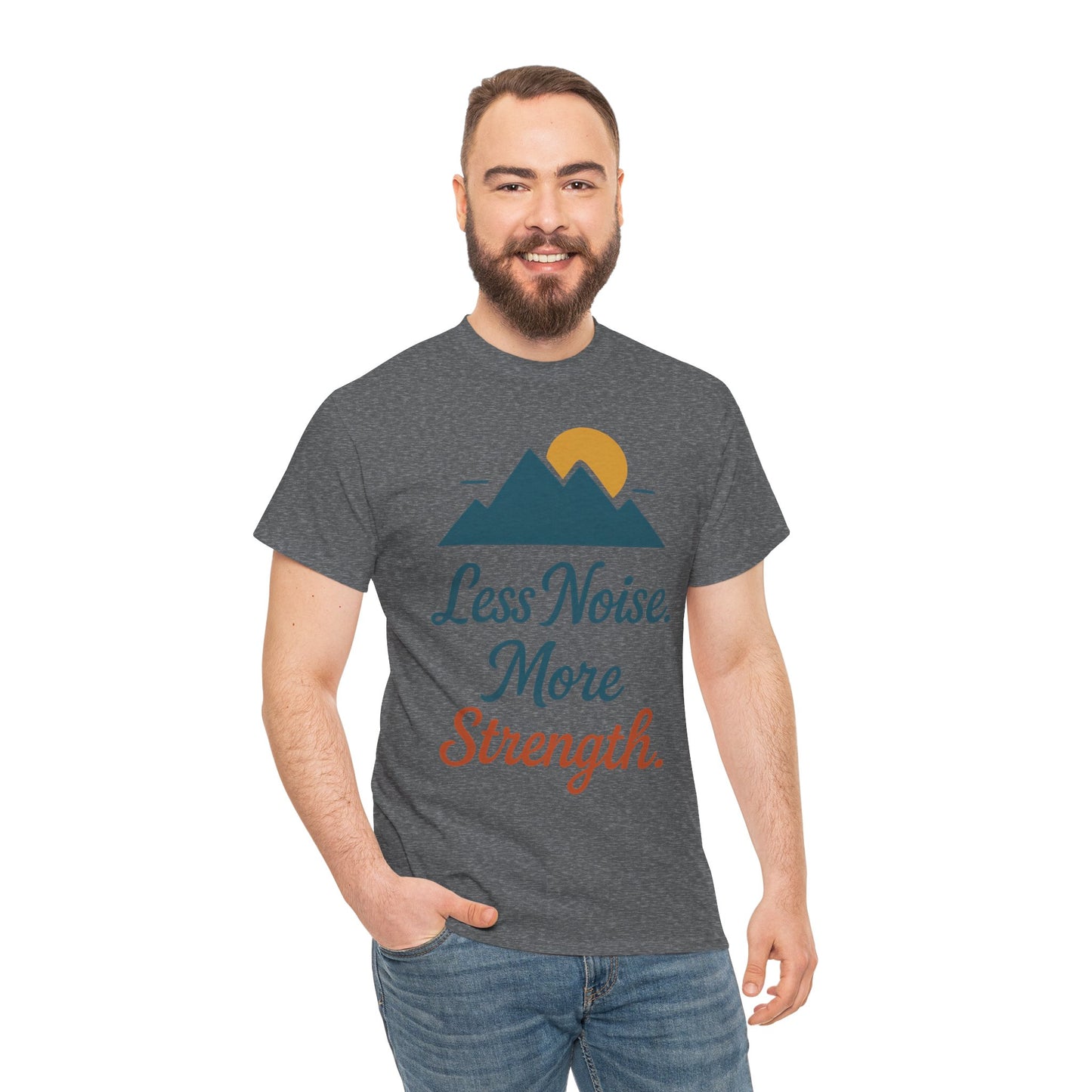 Mens Less Noise More Strength Mountain T-Shirt, Motivational Gym Hiking Tee