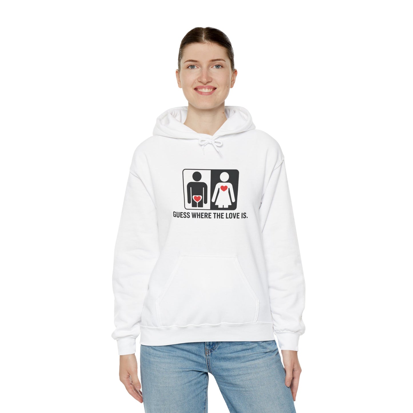 Cute Guess Where The Love Is Mens Hoodie, Sweatshirt for Couples, Valentines Day Gift, Relationship Humor Hoodie, Bold Love Joke Hoodie