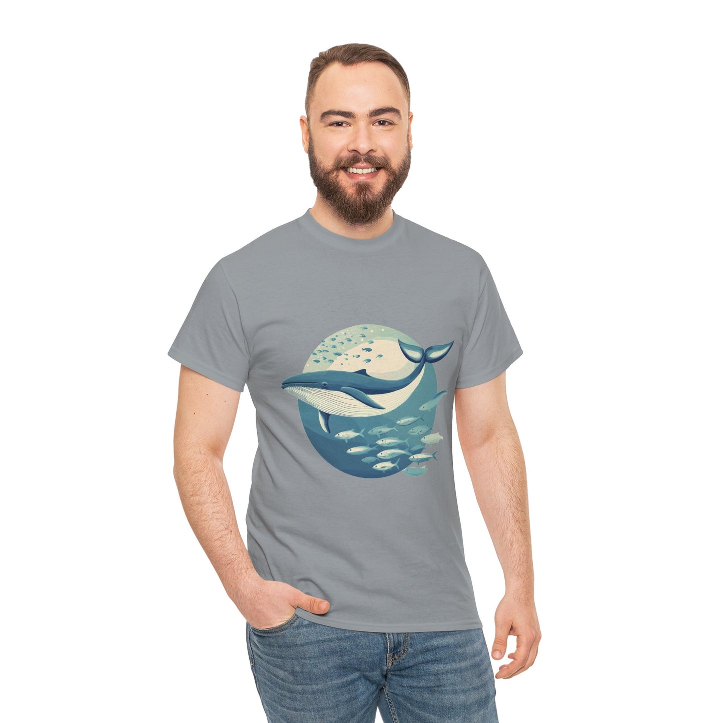 Whale and Fish Unisex Heavy Cotton Tee, Ocean Lover Shirt, Nature Tee, Sea Creature Gift, Casual Summer Top, Ocean Whale Graphic Tee