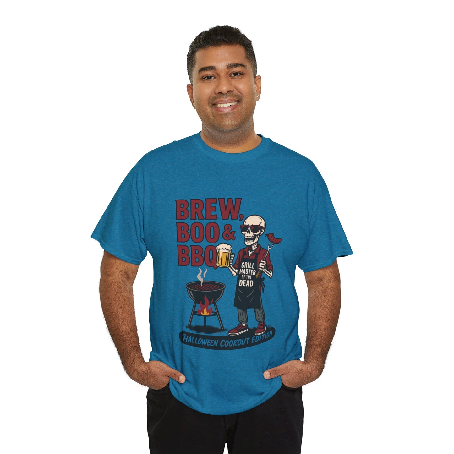 Halloween BBQ Men's T-Shirt, Brew Boo & BBQ Skeleton Grill Master Tee, Funny Dad Gift, Grill Master Tee, Grill Dad Halloween