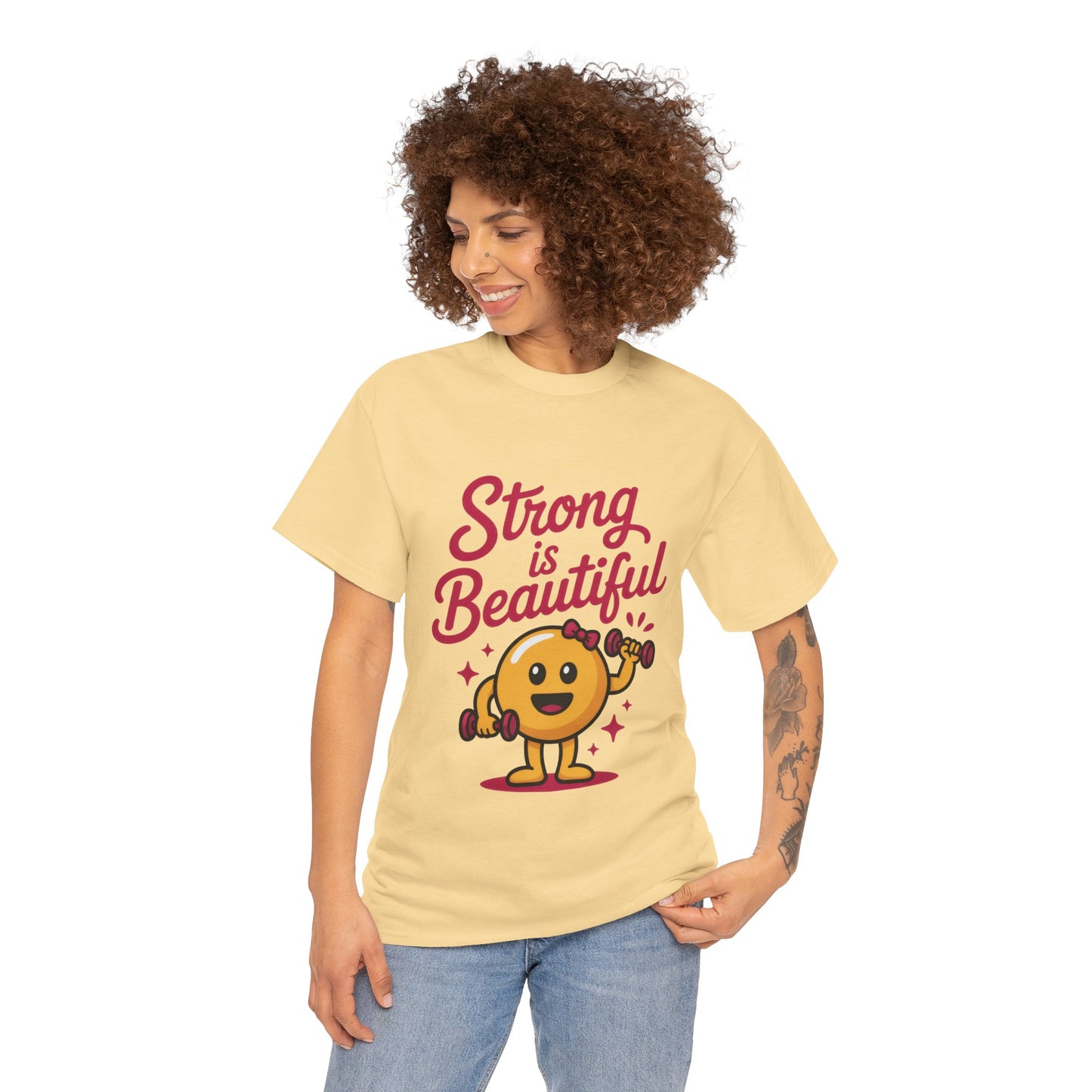 Strong is Beautiful Womens T-Shirt, Cute Fitness Character Graphic Tee, Inspirational Workout Shirt, Gym Motivation Gift for Her