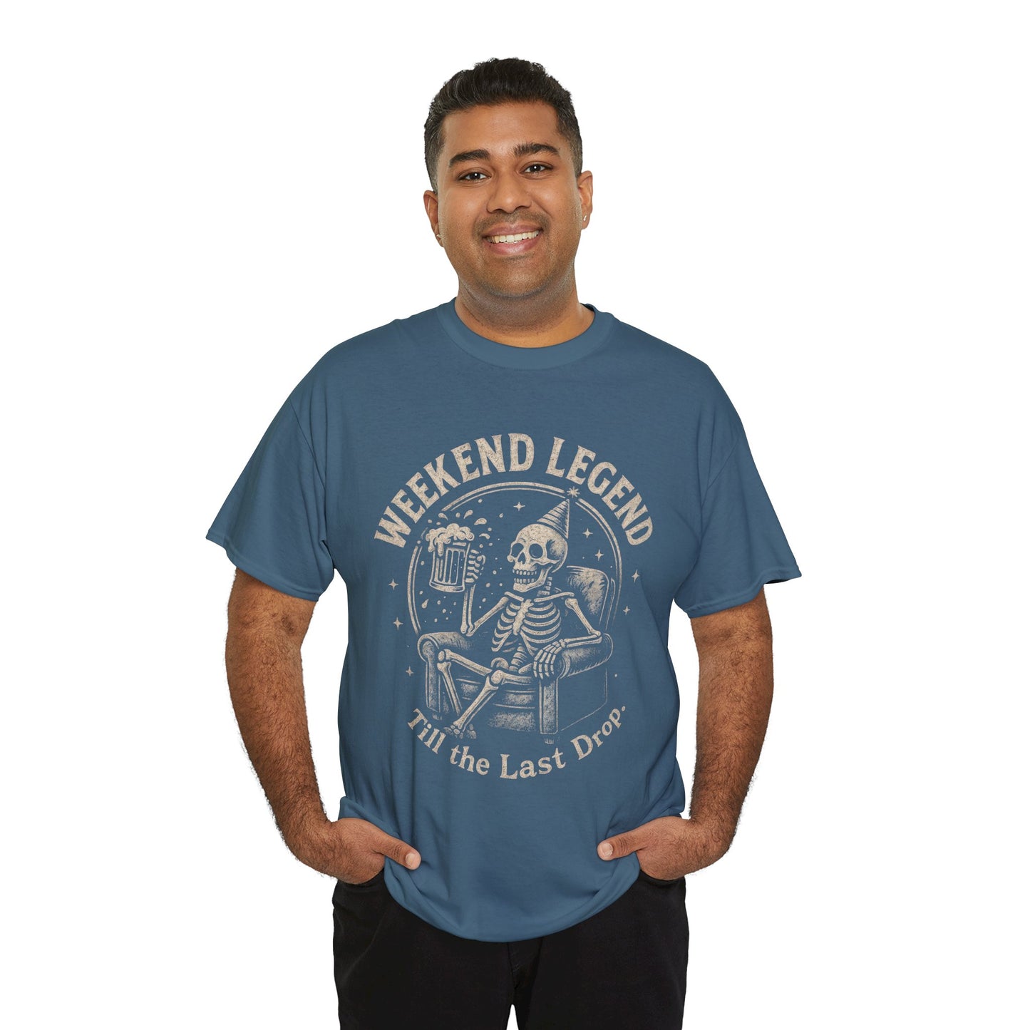 Weekend Legend Mens T-Shirt, Funny Skeleton Beer Tee, Till the Last Drop Party Shirt, Vintage Style Graphic Tee for Him, Halloween Apparel