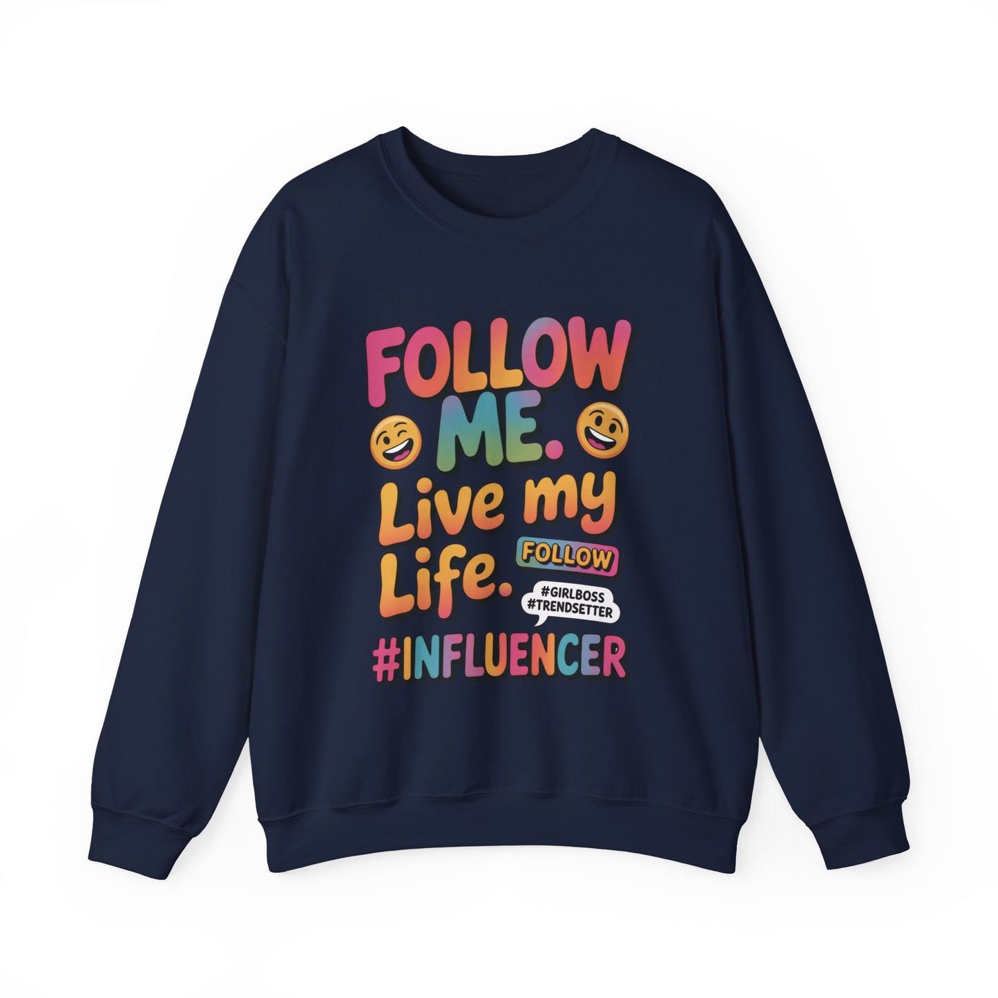 Womens Heavy Blend™ Crewneck Sweatshirt, Influencer Sweatshirt, Colorful Follow Me Live My Life Graphic Sweatshirt, Trendy GirlBoss Outfit