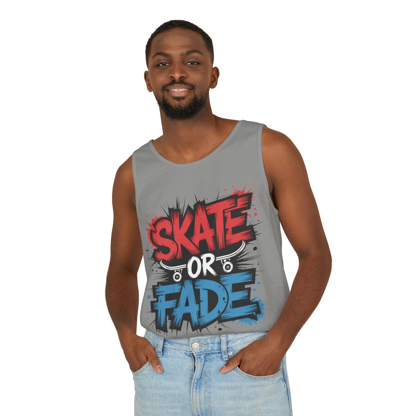 Skate Or Fade Men's Tank Top, Graffiti Skateboard Graphic Muscle Shirt, Urban Streetwear Sleeveless Top, Men's Garment-Dyed Tank Top