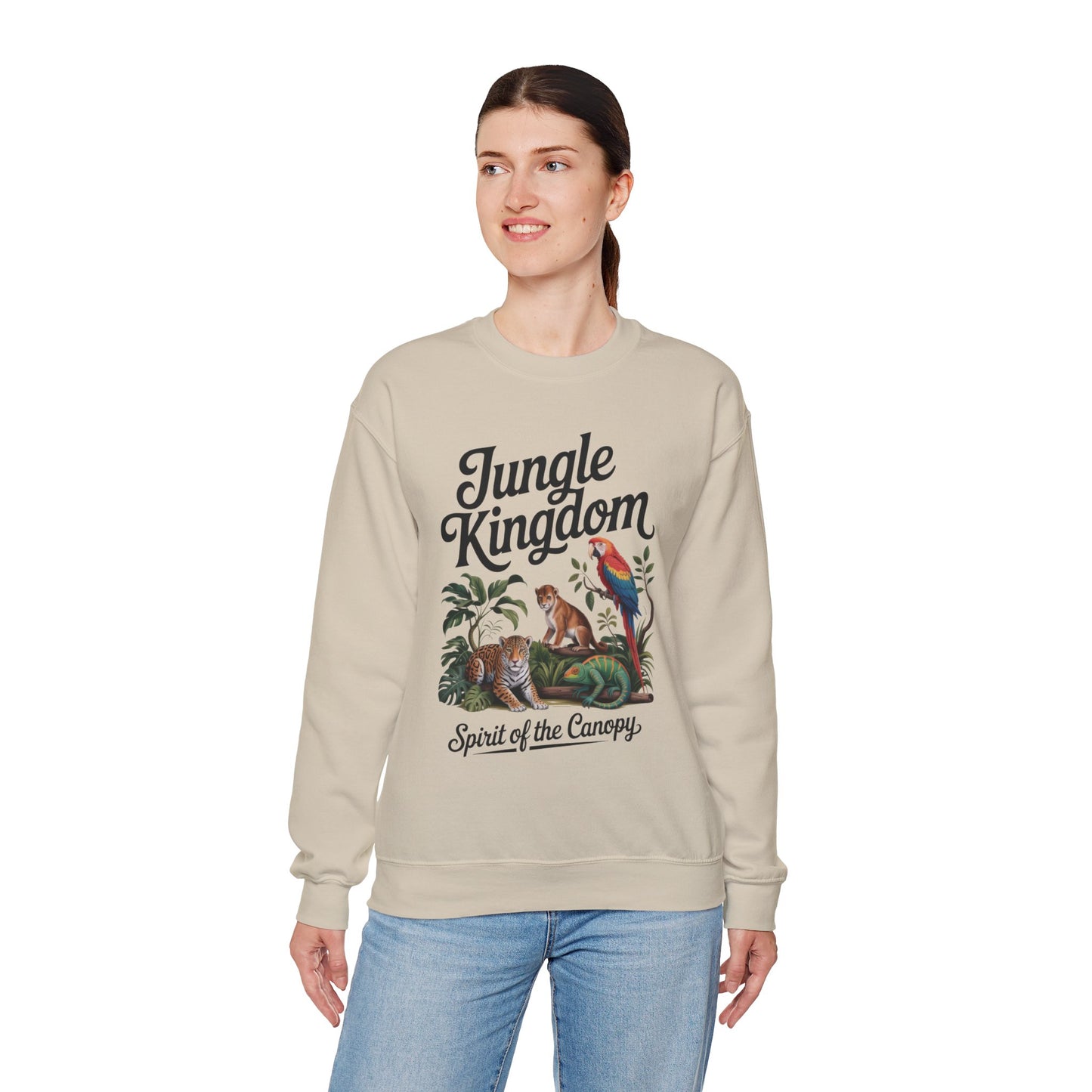 Jungle Kingdom Womens Sweatshirt, Cozy Jungle Crewneck, Nature Lover Gift, Wildlife Artwork, Eco-Conscious Apparel, Animal Enthusiast Clothing