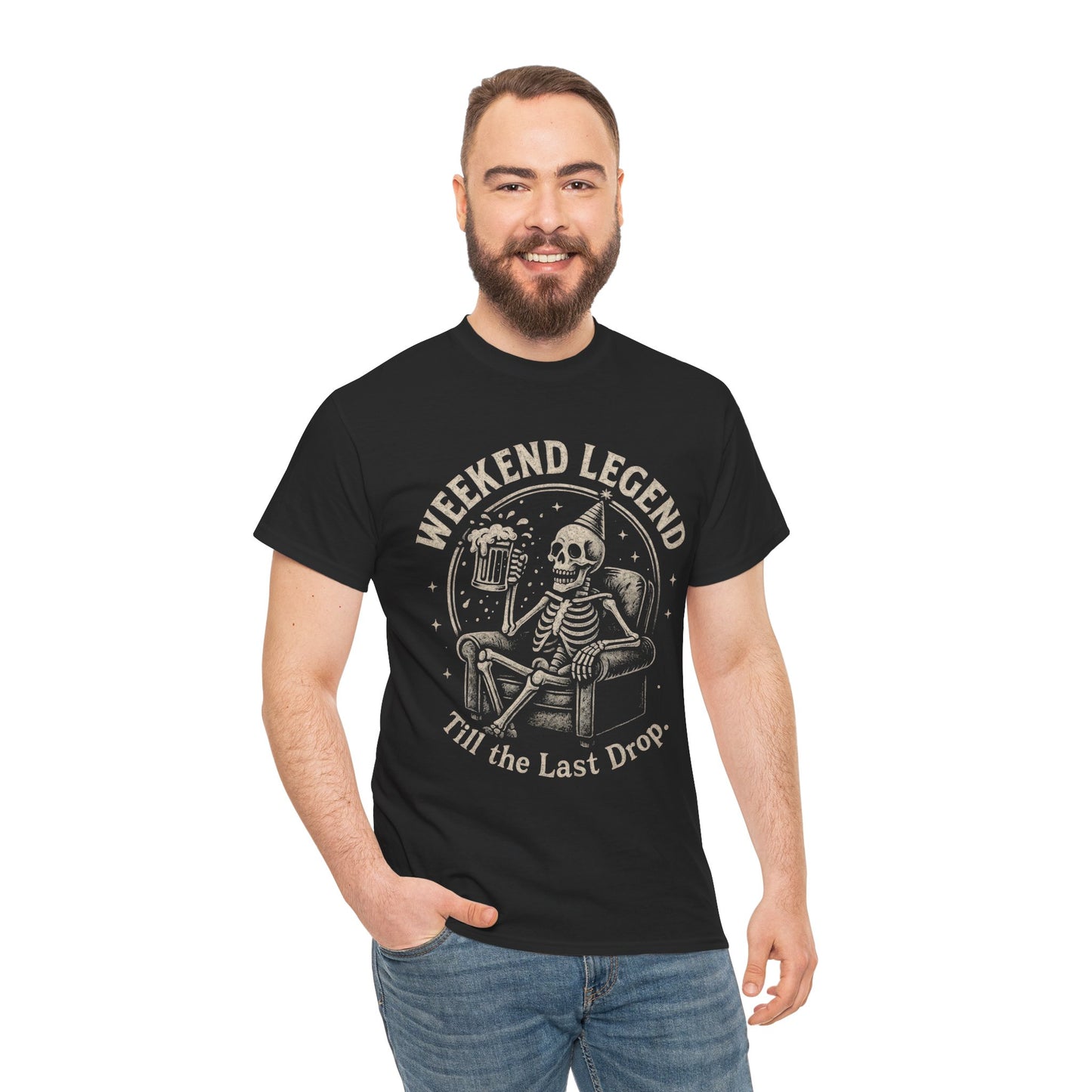 Weekend Legend Mens T-Shirt, Funny Skeleton Beer Tee, Till the Last Drop Party Shirt, Vintage Style Graphic Tee for Him, Halloween Apparel