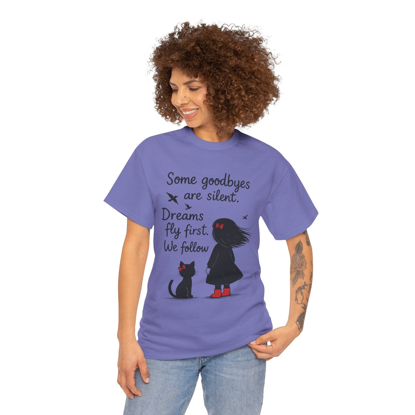 Emotional Hand Drawn Womens T-Shirt, Minimalist Red Dress Girl and Cat Graphic Tee, Cat Lover Gift