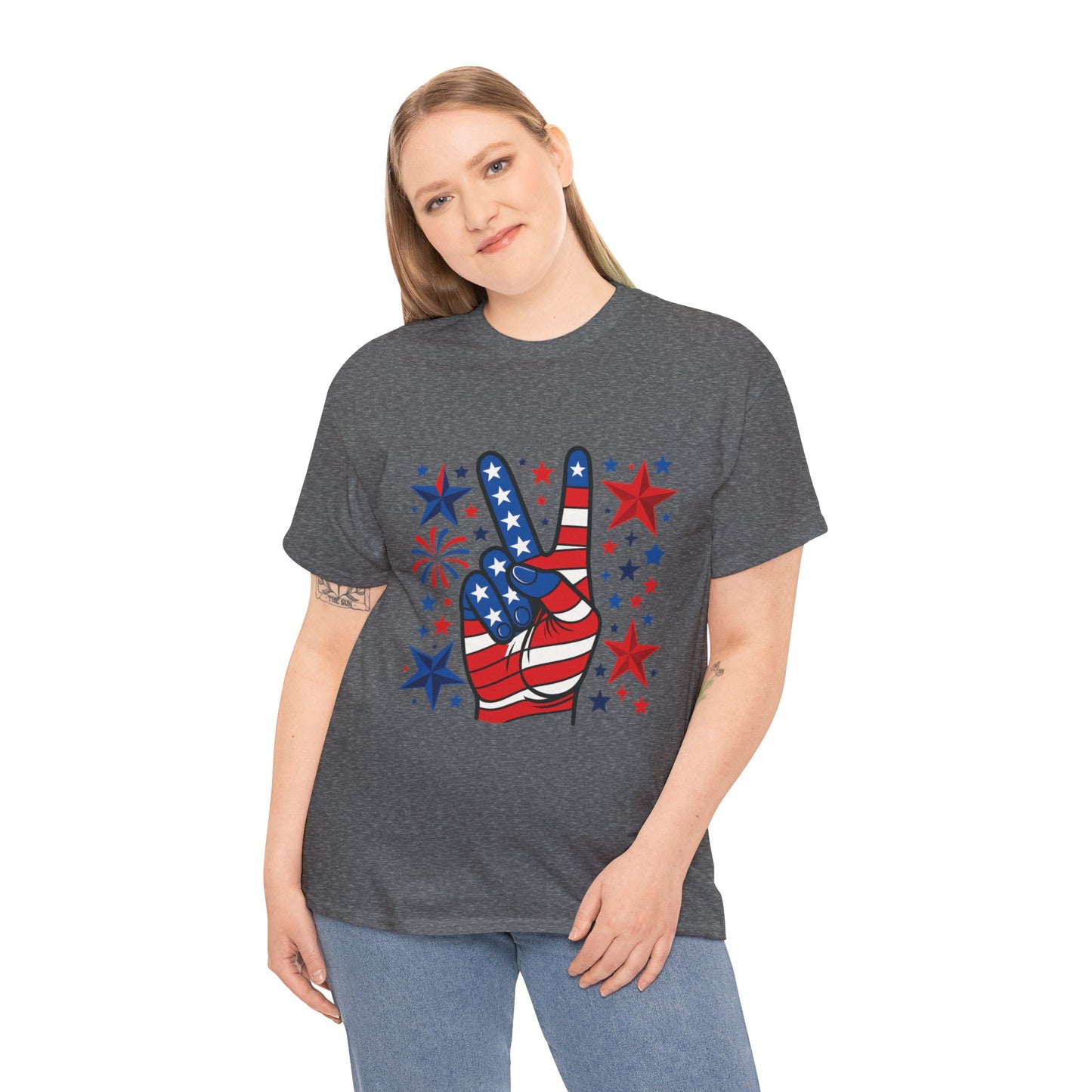 Patriotic Peace Hand Unisex Heavy Cotton Tee - Ideal for July 4th, Independence Day, Celebrations, Casual Wear, Everyday Style
