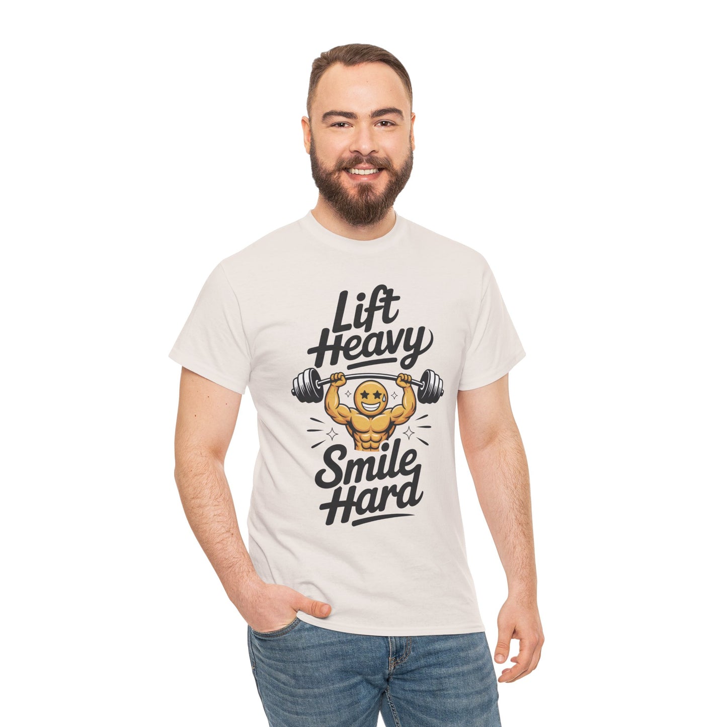 Mens Lift Heavy Smile Hard T-Shirt, Funny Gym Workout Graphic Tee, Mens Gym Tshirt