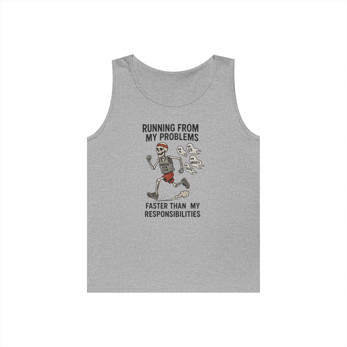 Skeleton Runner Tank for Men, Undead Jogging Club Tee, Halloween T-Shirt, Gift for Runners, Anxiety Humor Gift, Funny Graphic Tank Top