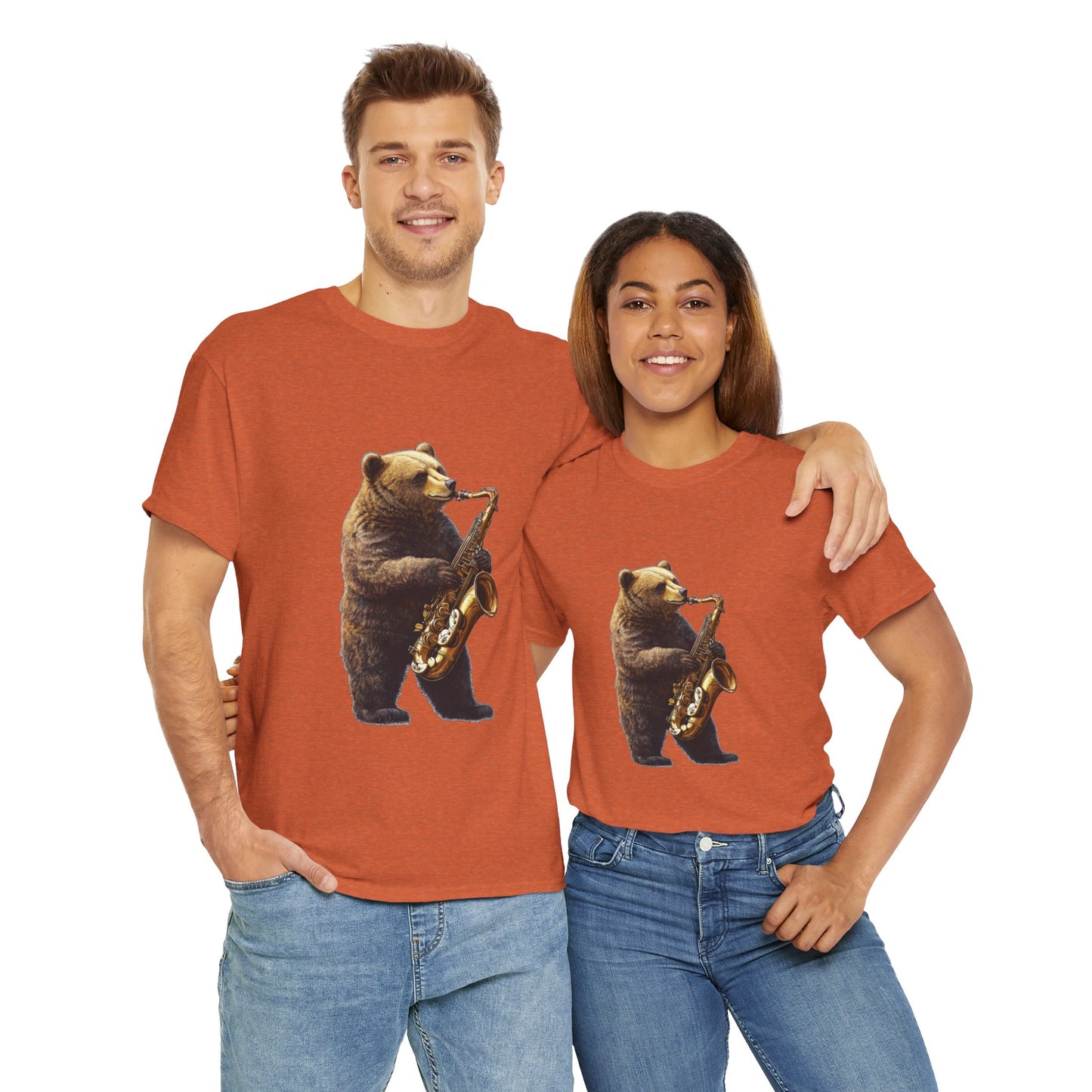 Saxophone Bear Unisex Heavy Cotton Tee, Music Lover Shirt, Gift for Musicians, Cute Animal Tee, Fun Jazz T-Shirt