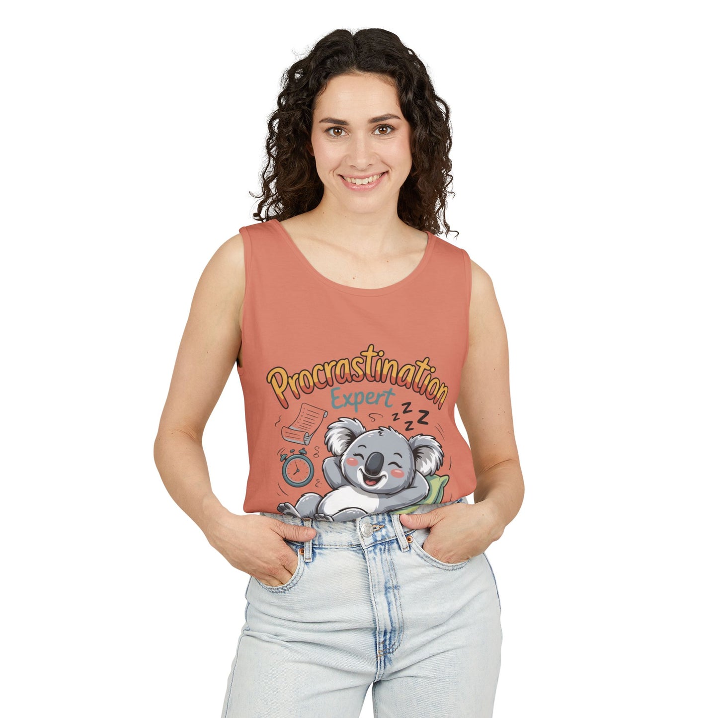 Procrastination Expert Womens Tank Top, Funny Gift for Lazy Days, Relaxed Fit Tee, Casual Summer Wear, Koala Graphic Top, Motivational Apparel